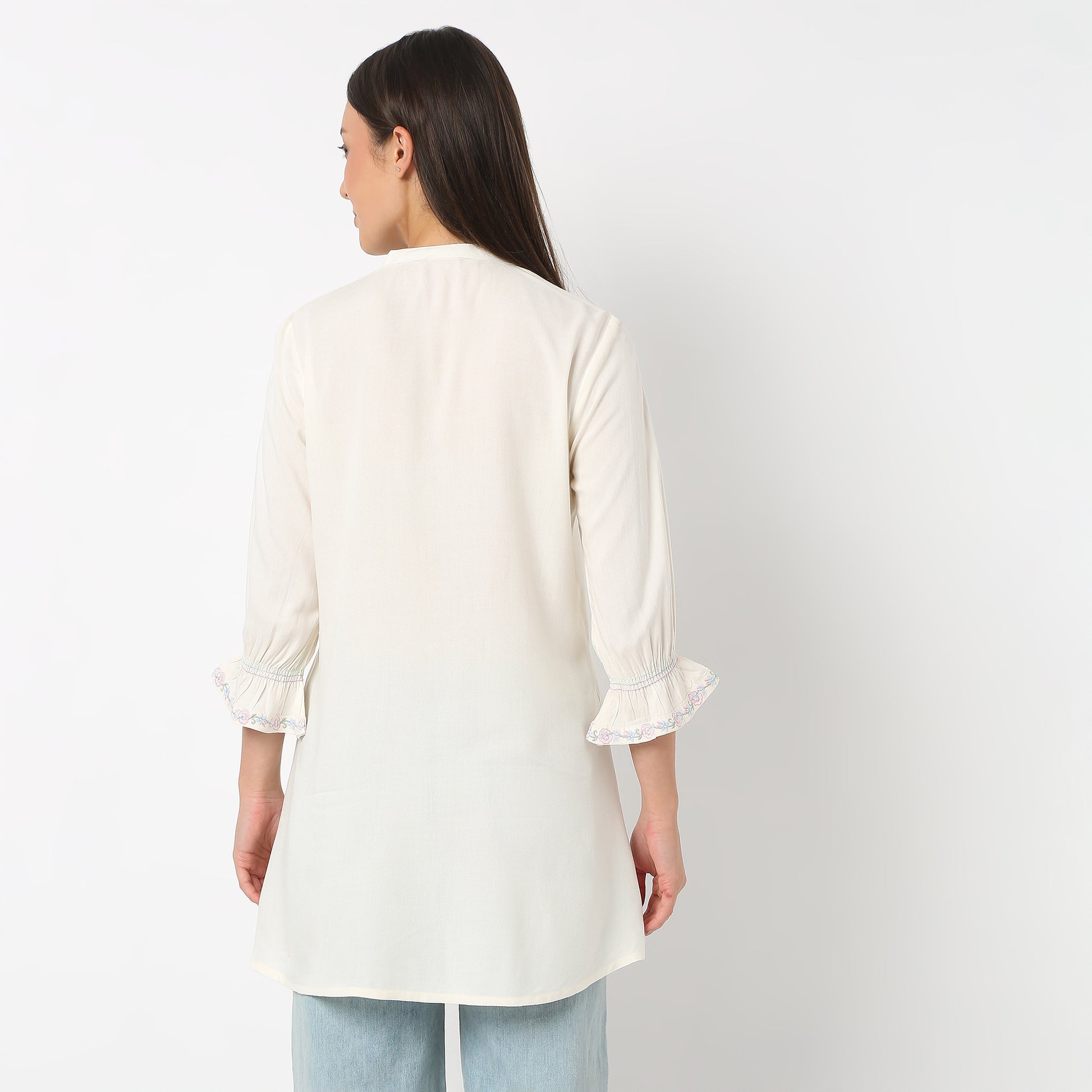 Embroidered Band Neck Short Length Three-Fourth Sleeve Flare Fit Tunic