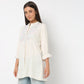 Embroidered Band Neck Short Length Three-Fourth Sleeve Flare Fit Tunic