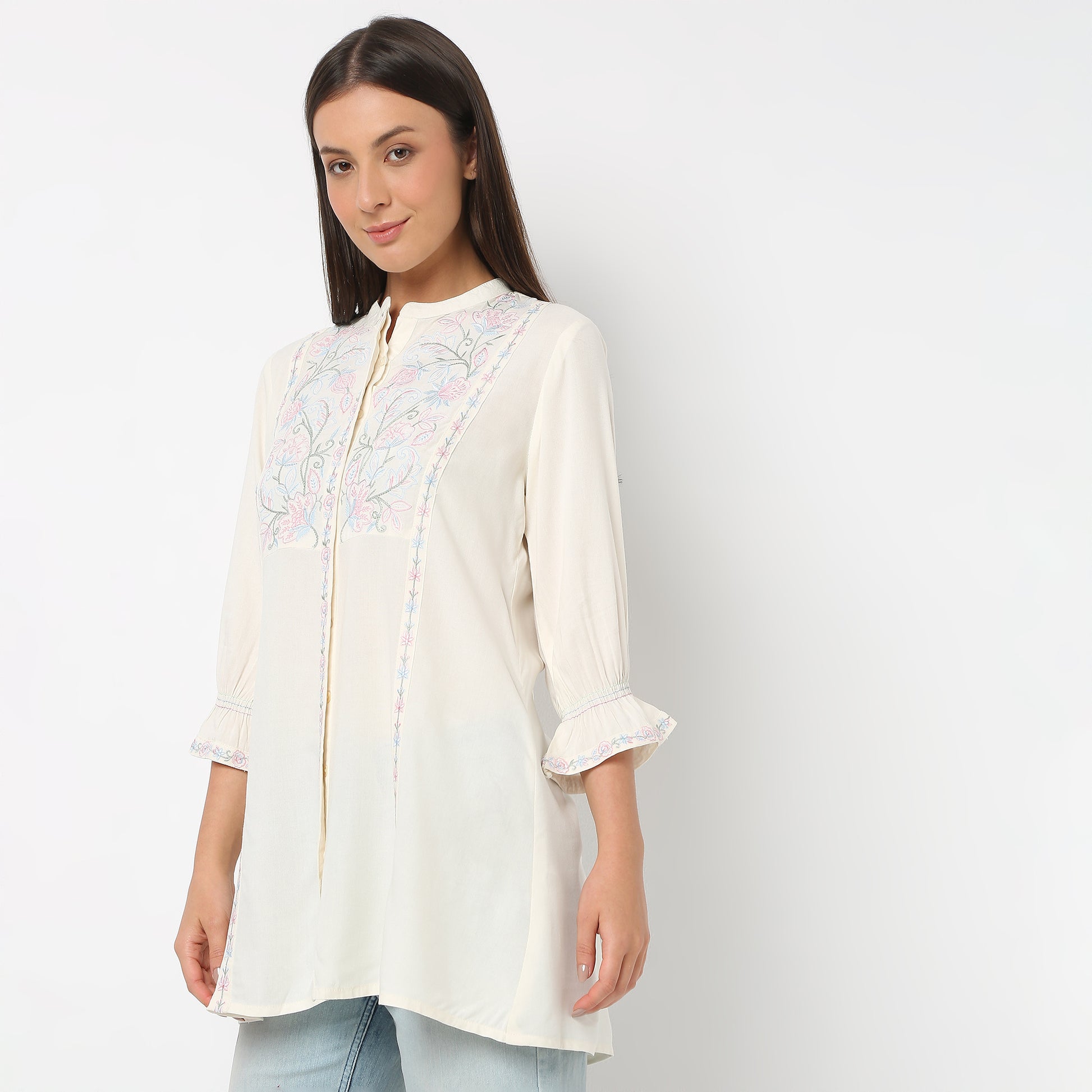 Embroidered Band Neck Short Length Three-Fourth Sleeve Flare Fit Tunic