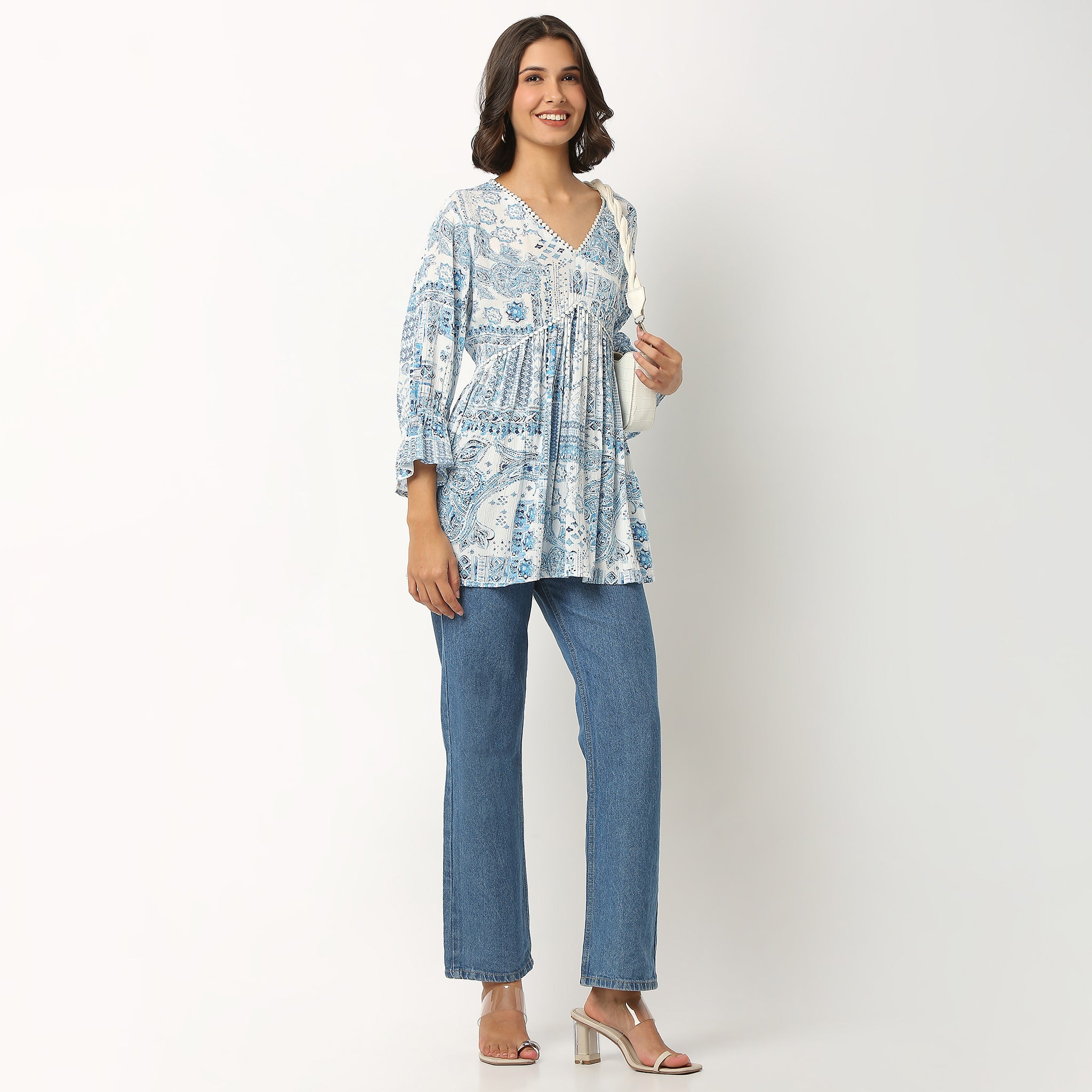 Printed Viscose Tunic with V-Neck