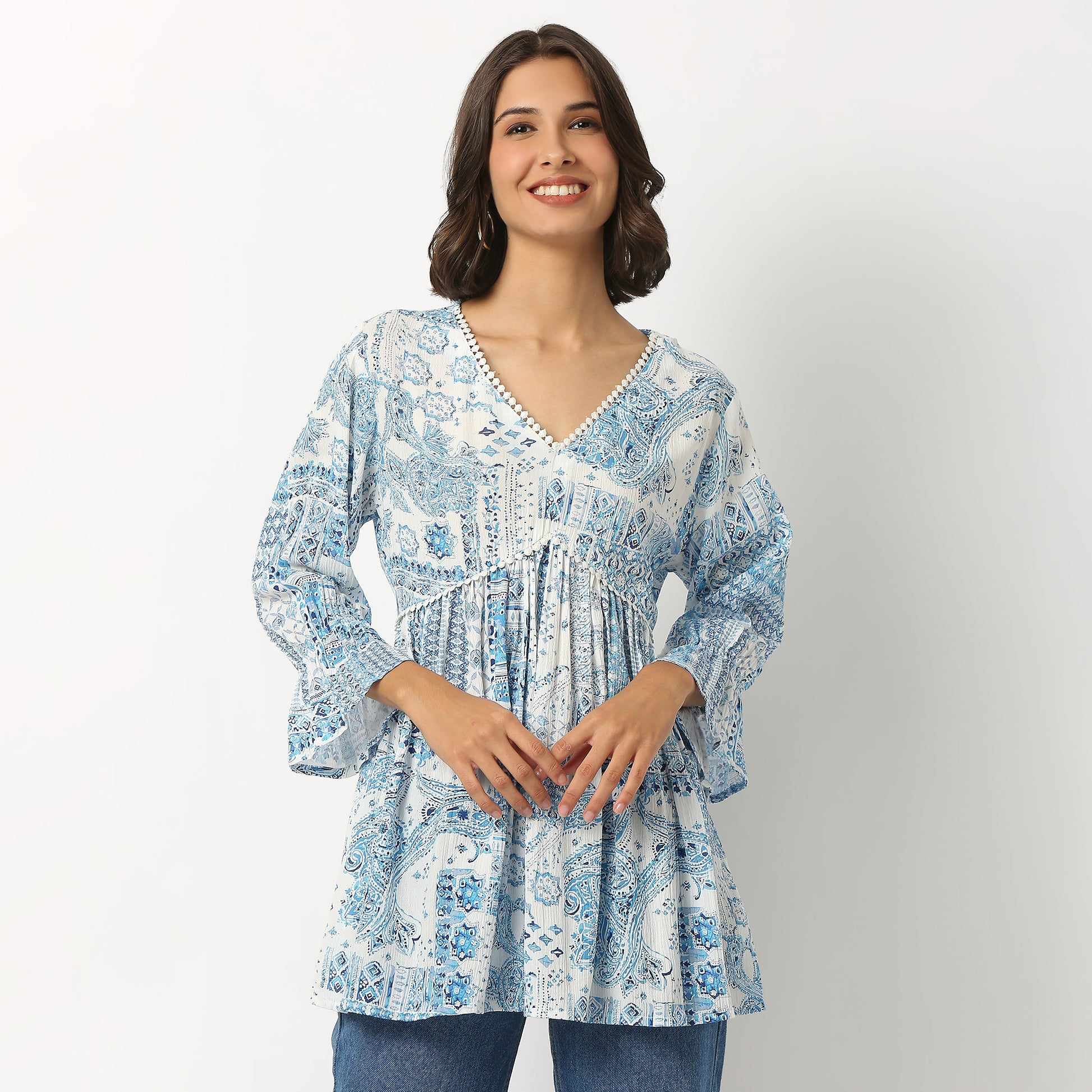 Printed Viscose Tunic with V-Neck
