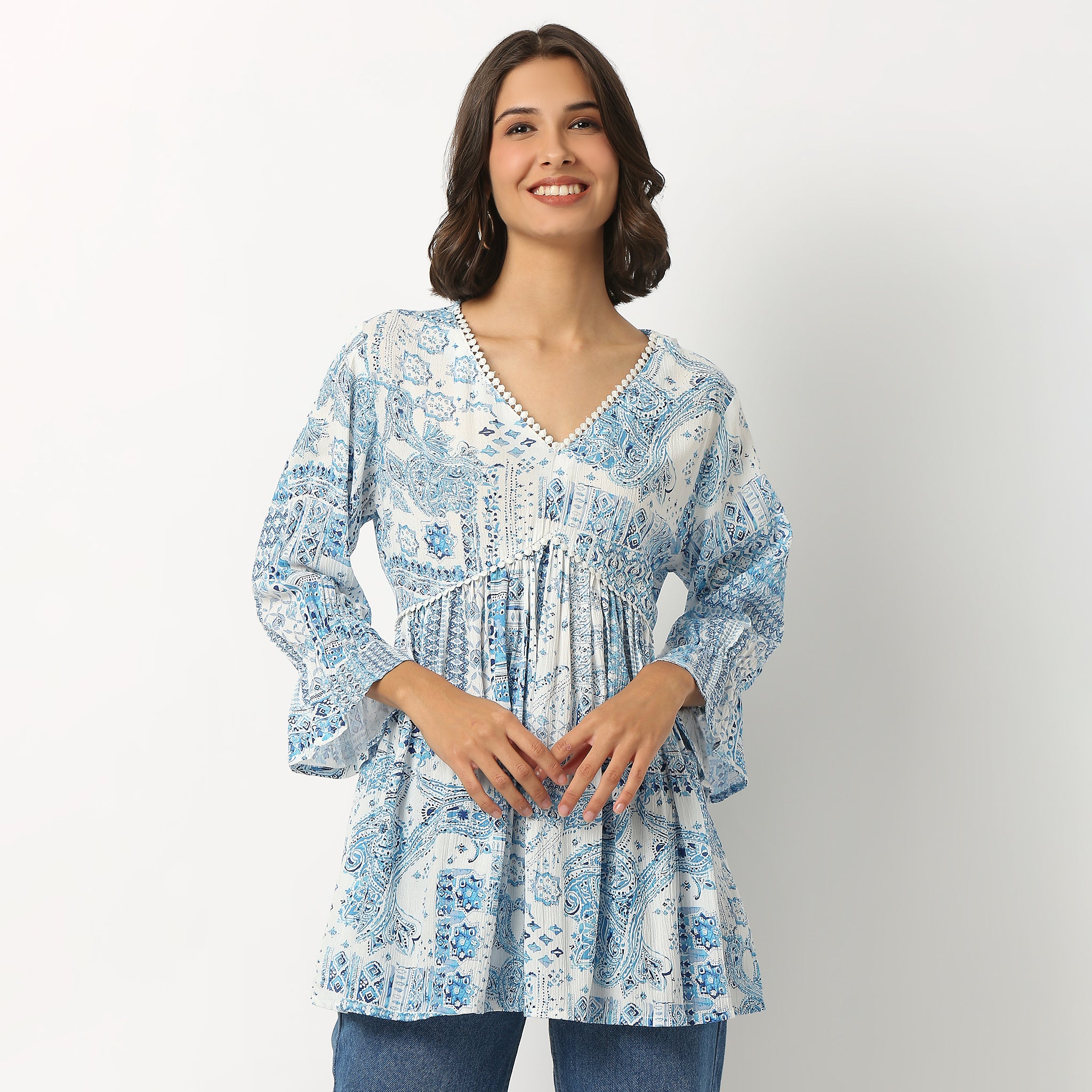 Printed Viscose Tunic with V-Neck