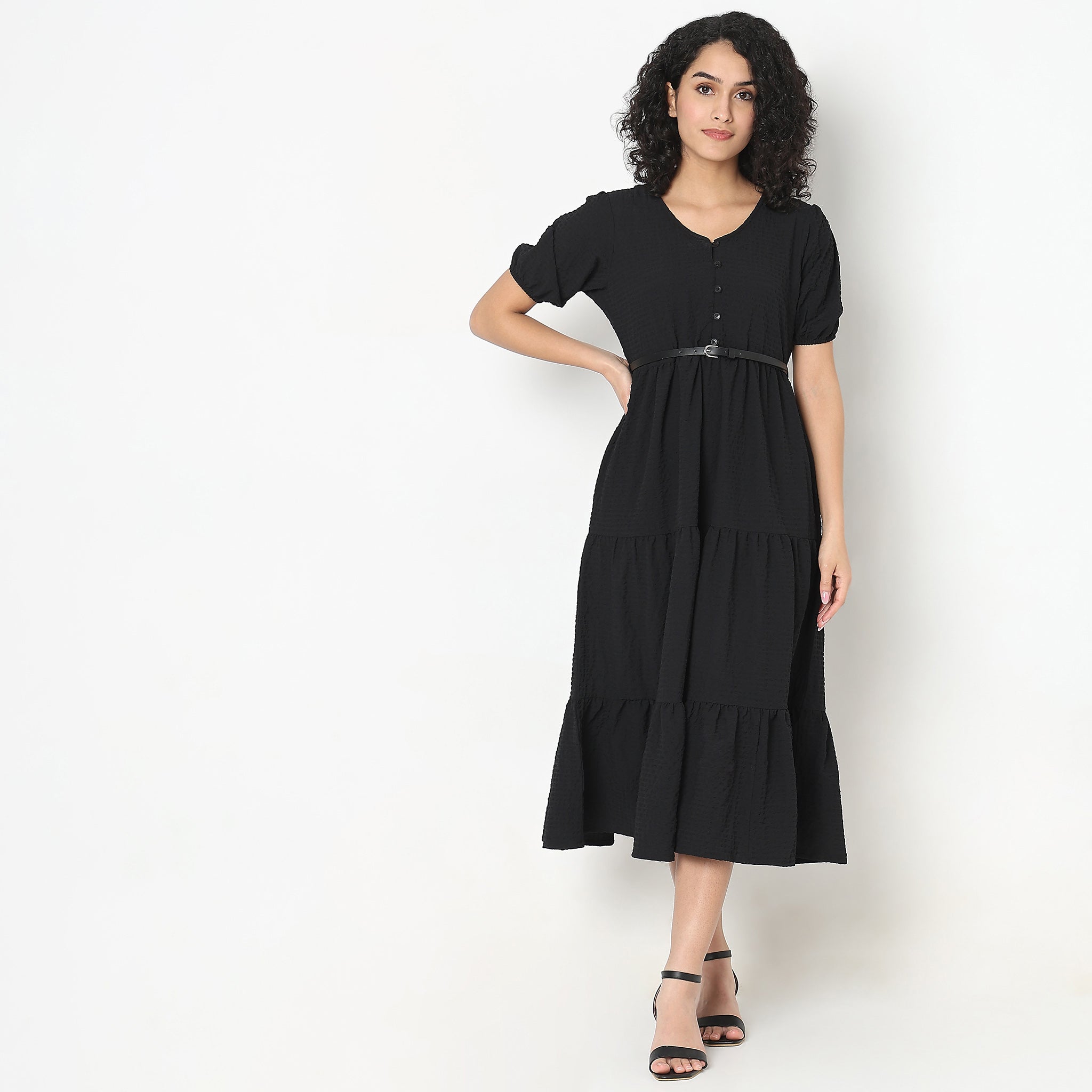 Flare Fit Structured Round Neck Dress