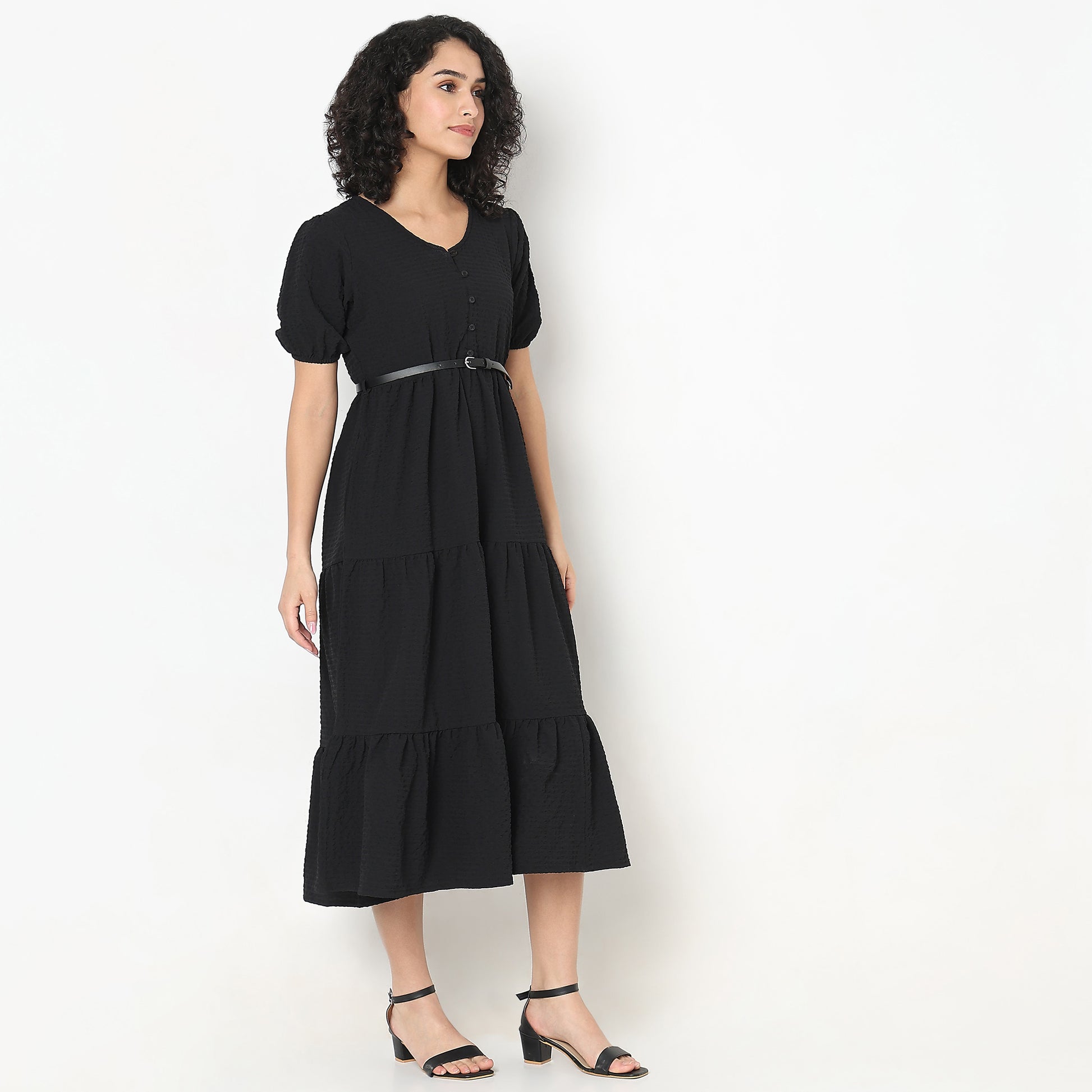 Flare Fit Structured Round Neck Dress