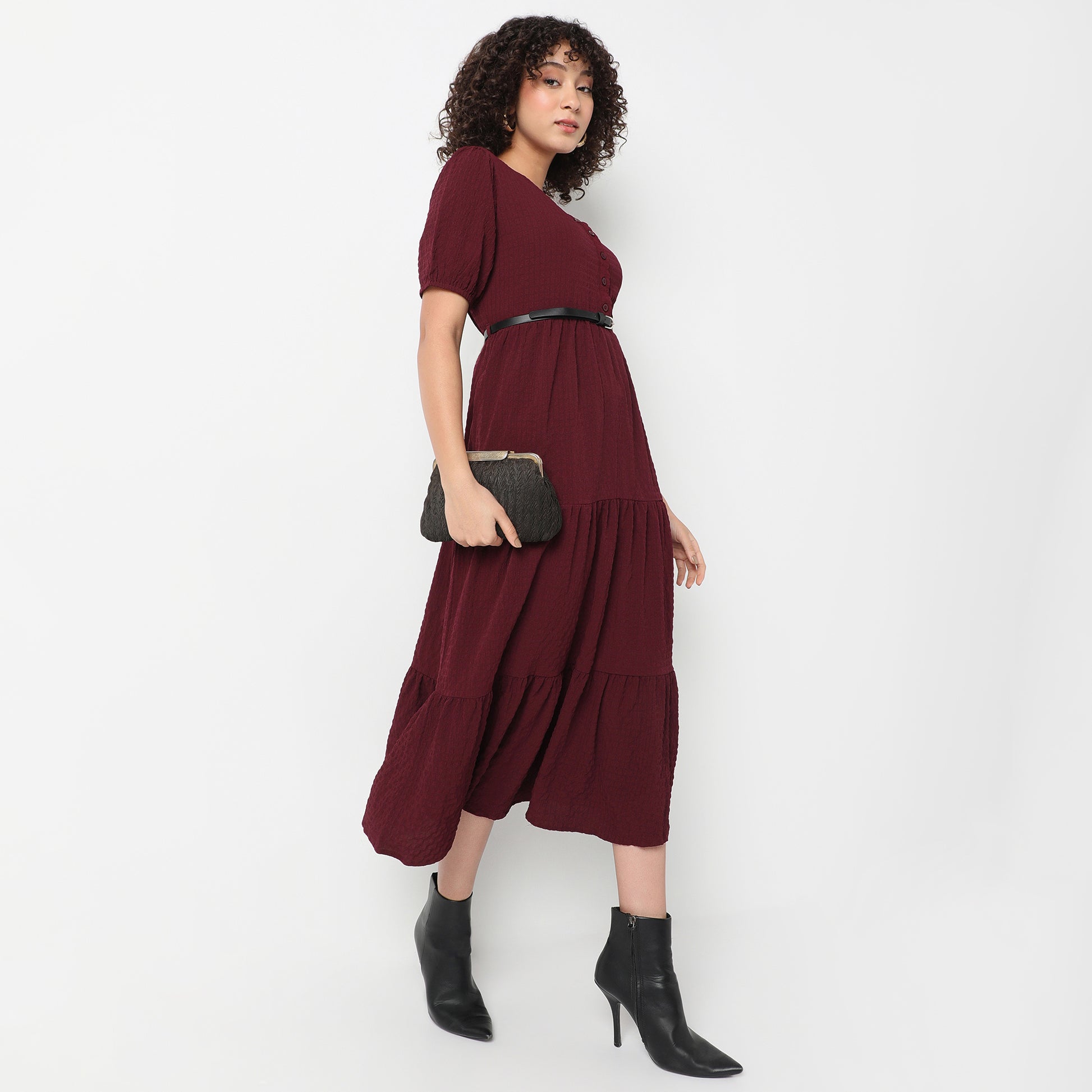 Flare Fit Structured Round Neck Dress