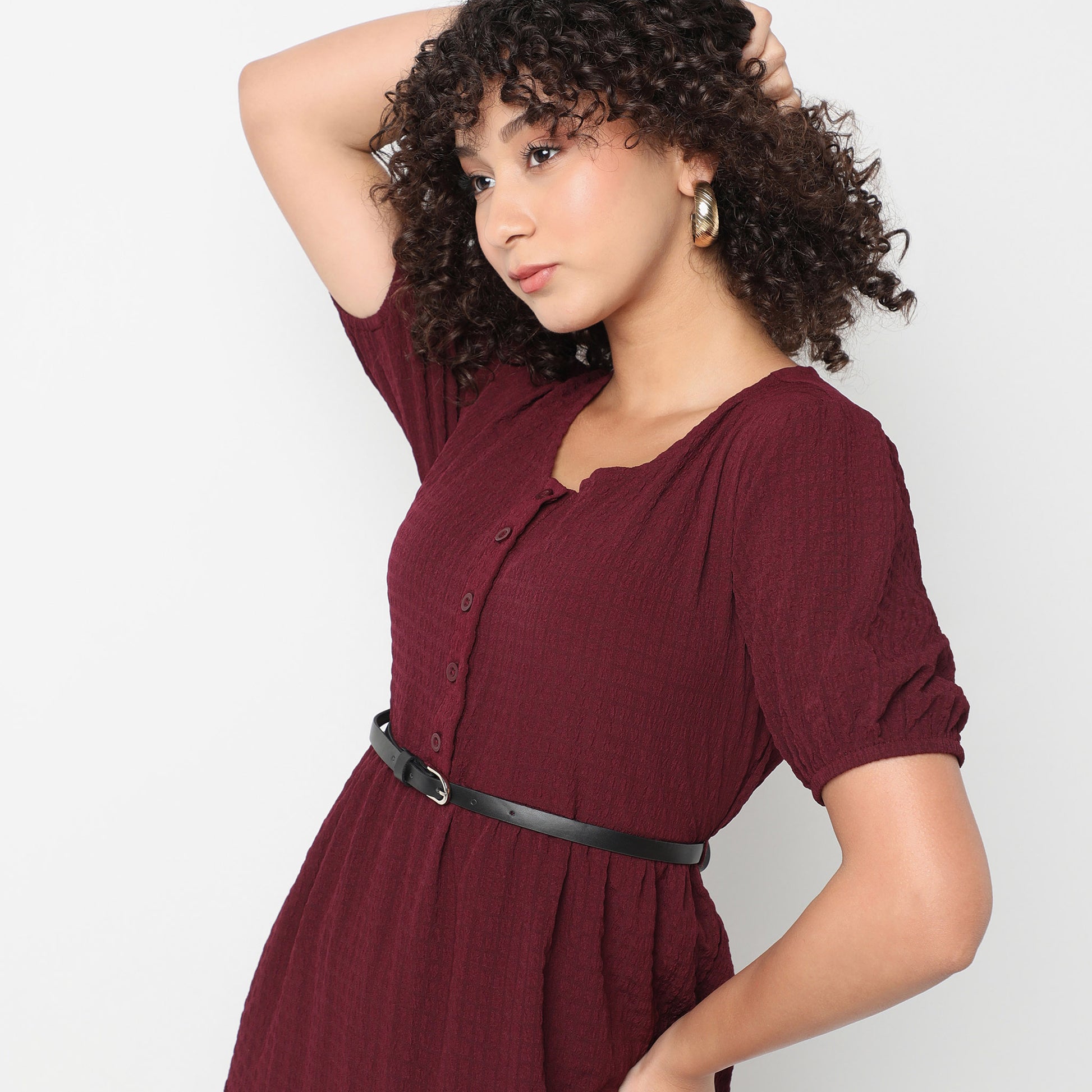 Flare Fit Structured Round Neck Dress