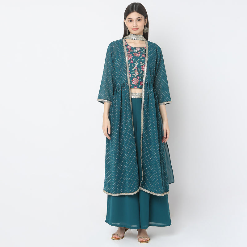 Flare Fit Embroidered Top with Palazzo & Shrug Set