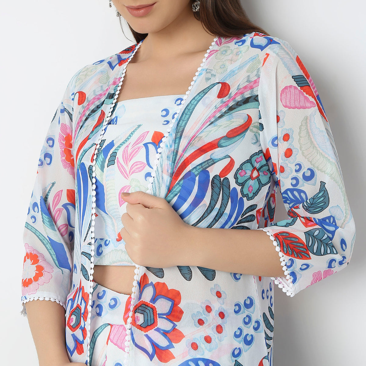 Flare Fit Printed Top with Palazzo & with Shrug Set