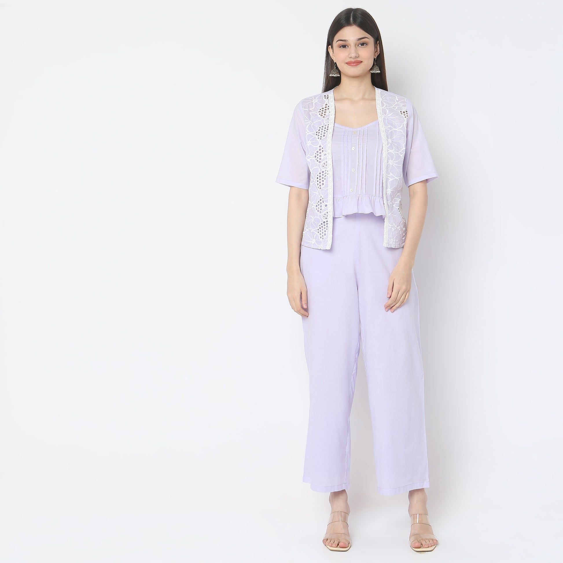 Straight Fit Solid Top with Pant & with Shrug Set