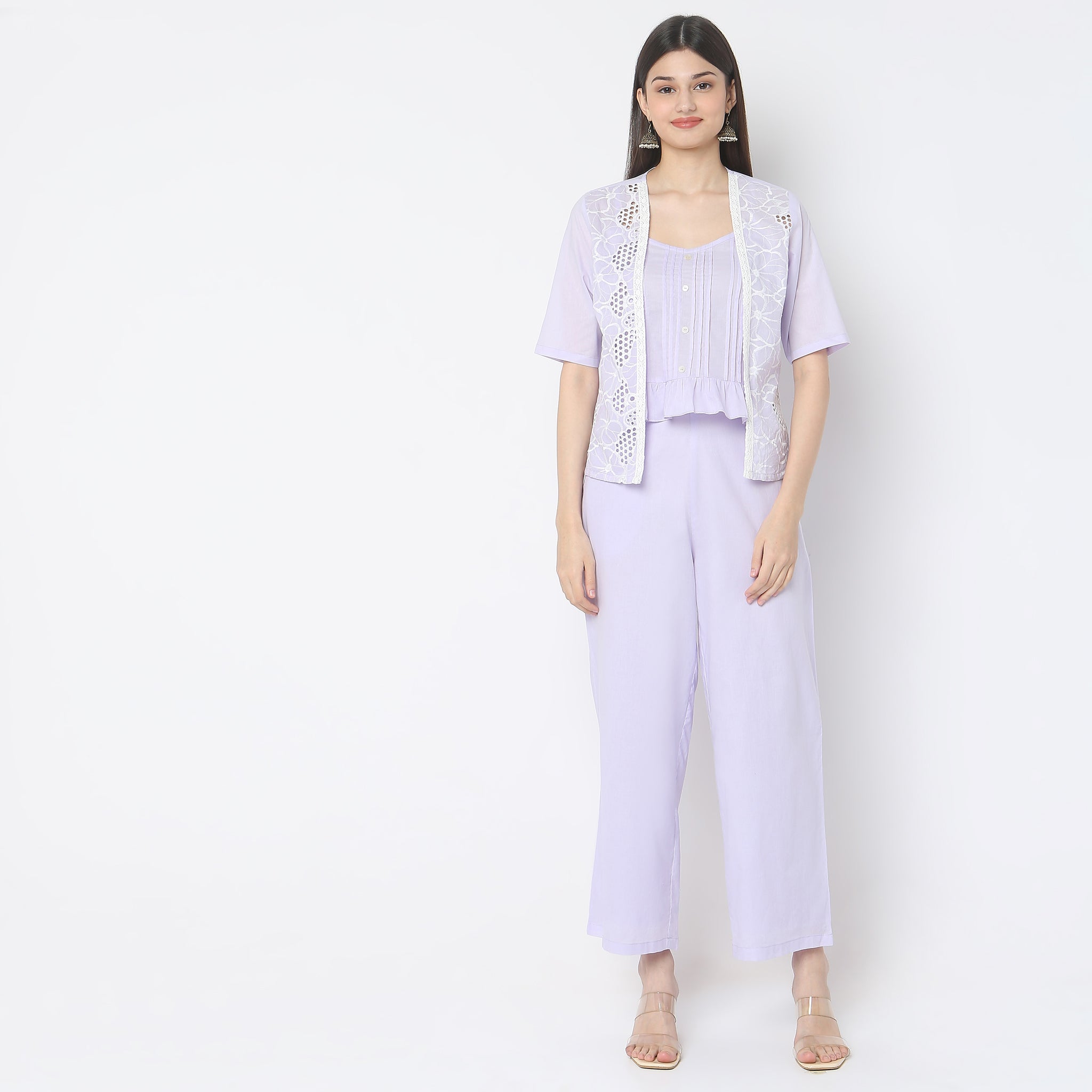 Straight Fit Solid Top with Pant & with Shrug Set