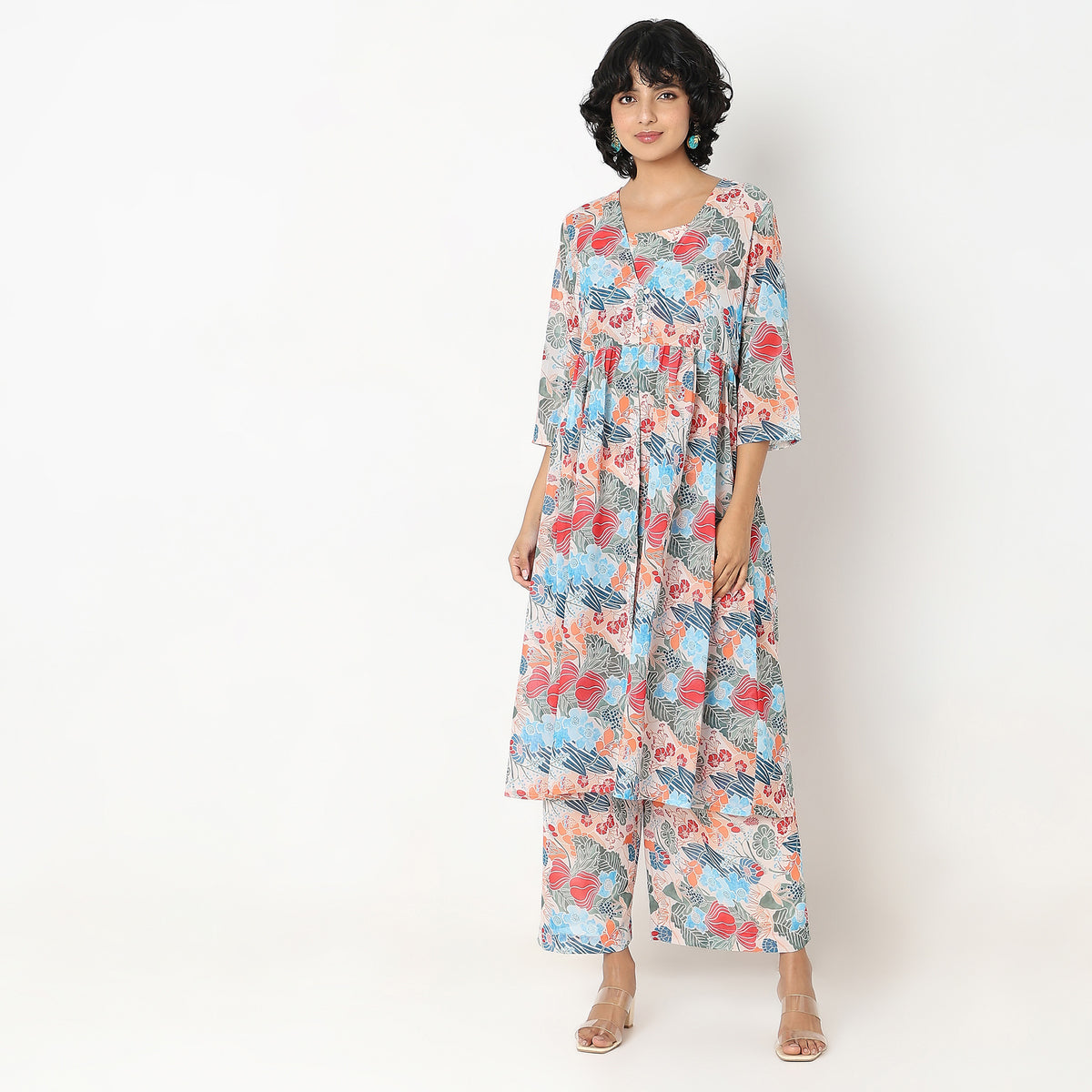 Flare Fit Printed Top with Palazzo & with Cape Set