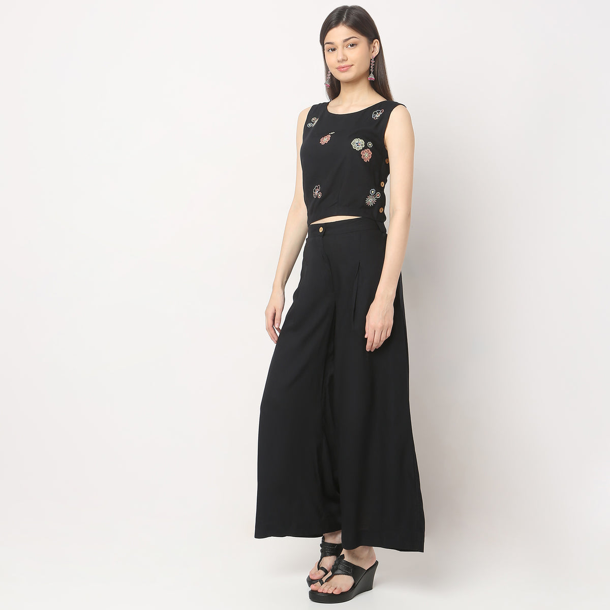 Flare Fit Solid Crop Top with Pant Set