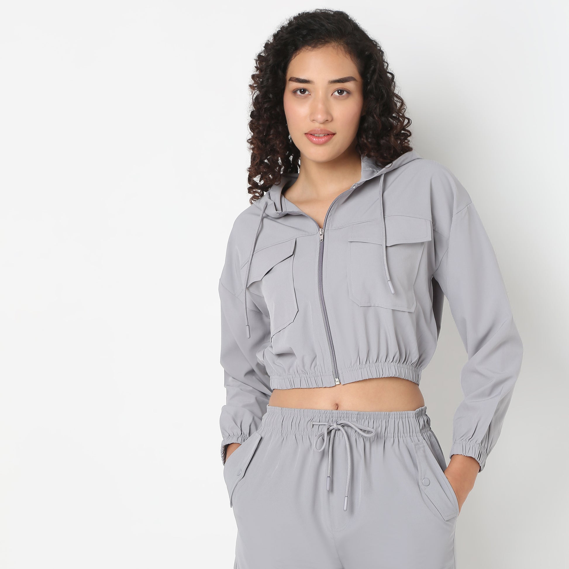 Athleisure Jacket with Frontal Zipper and Patch Pockets