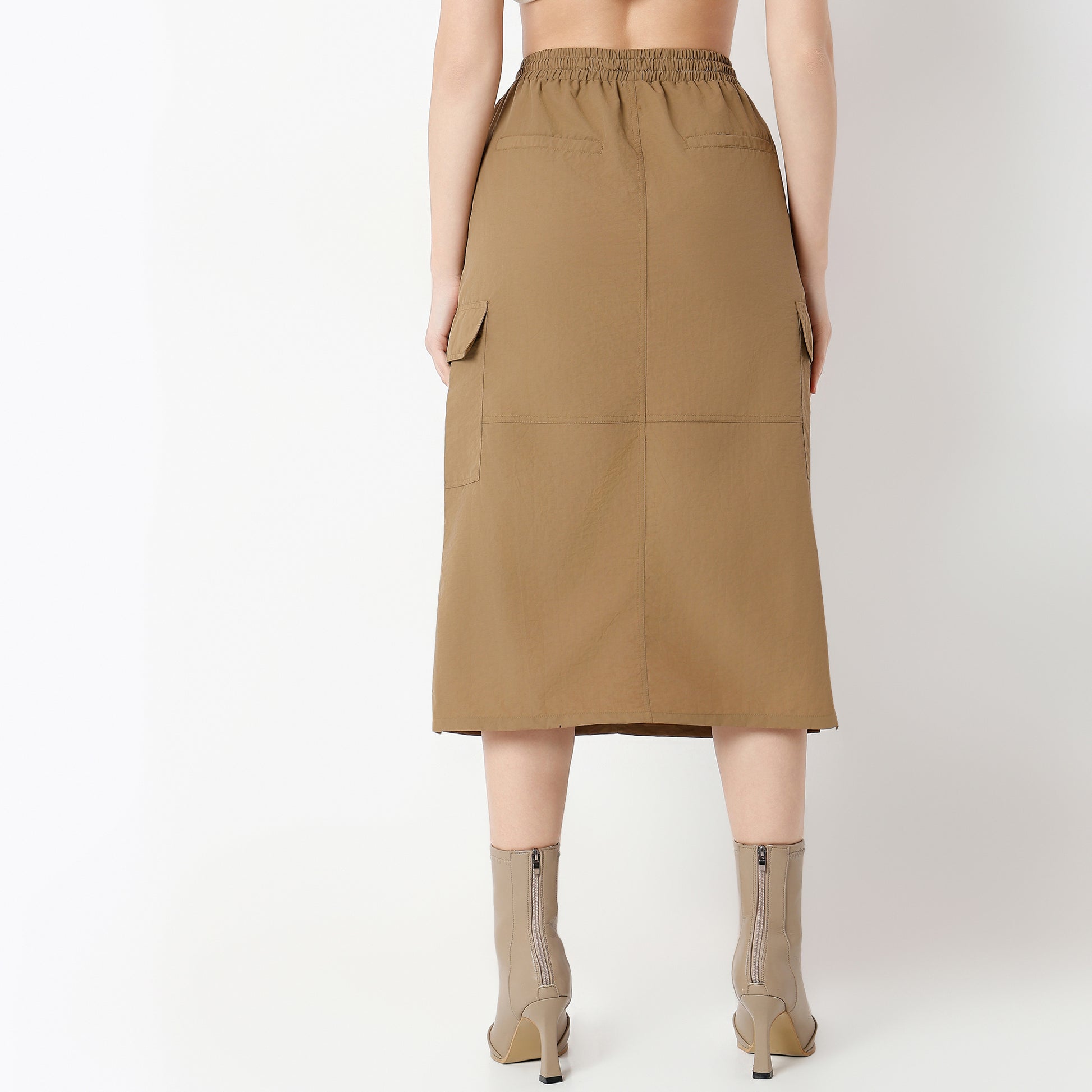 Regular Fit Solid Calf Length Mid Rise Skirt