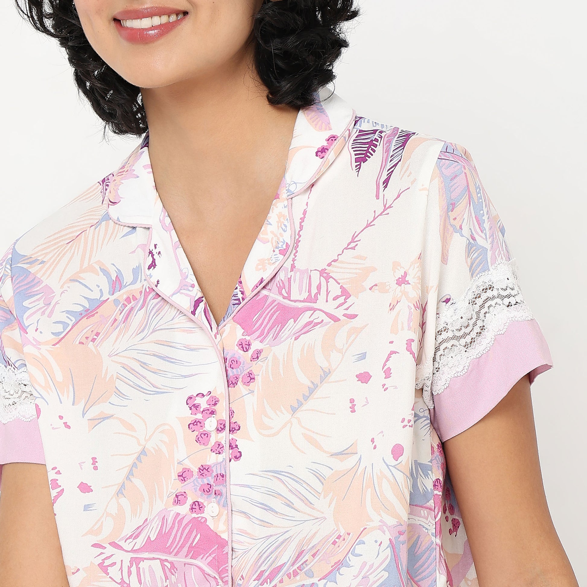 Regular Fit Floral Top with Pyjama Sleepwear Set