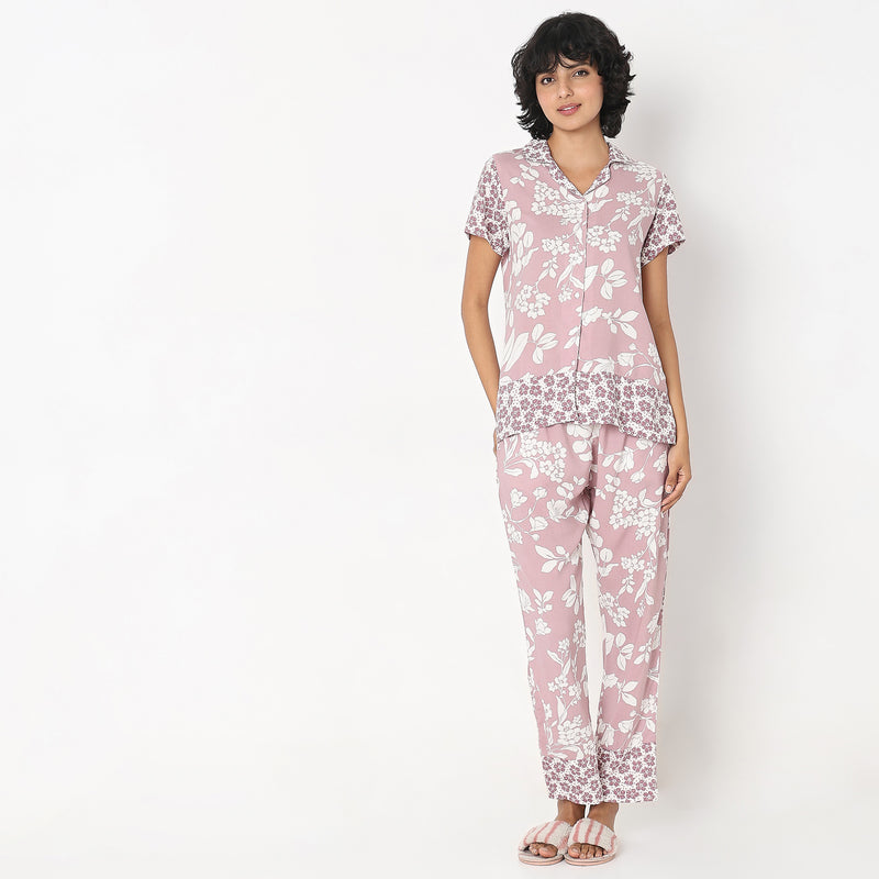 Regular Fit Floral Top with Pyjama Sleepwear Set