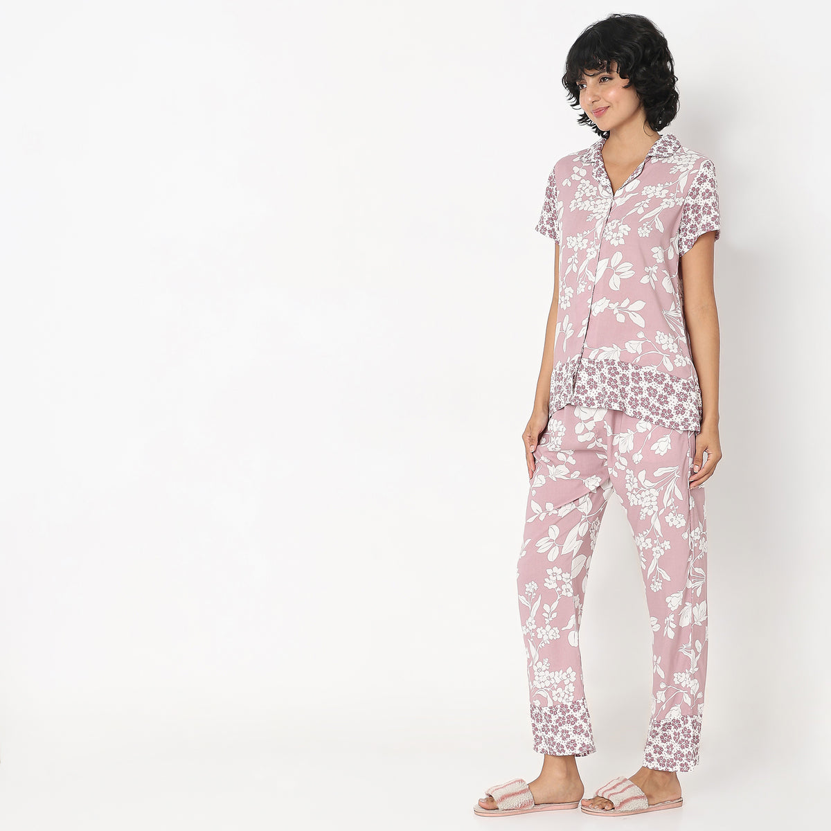 Regular Fit Floral Top with Pyjama Sleepwear Set