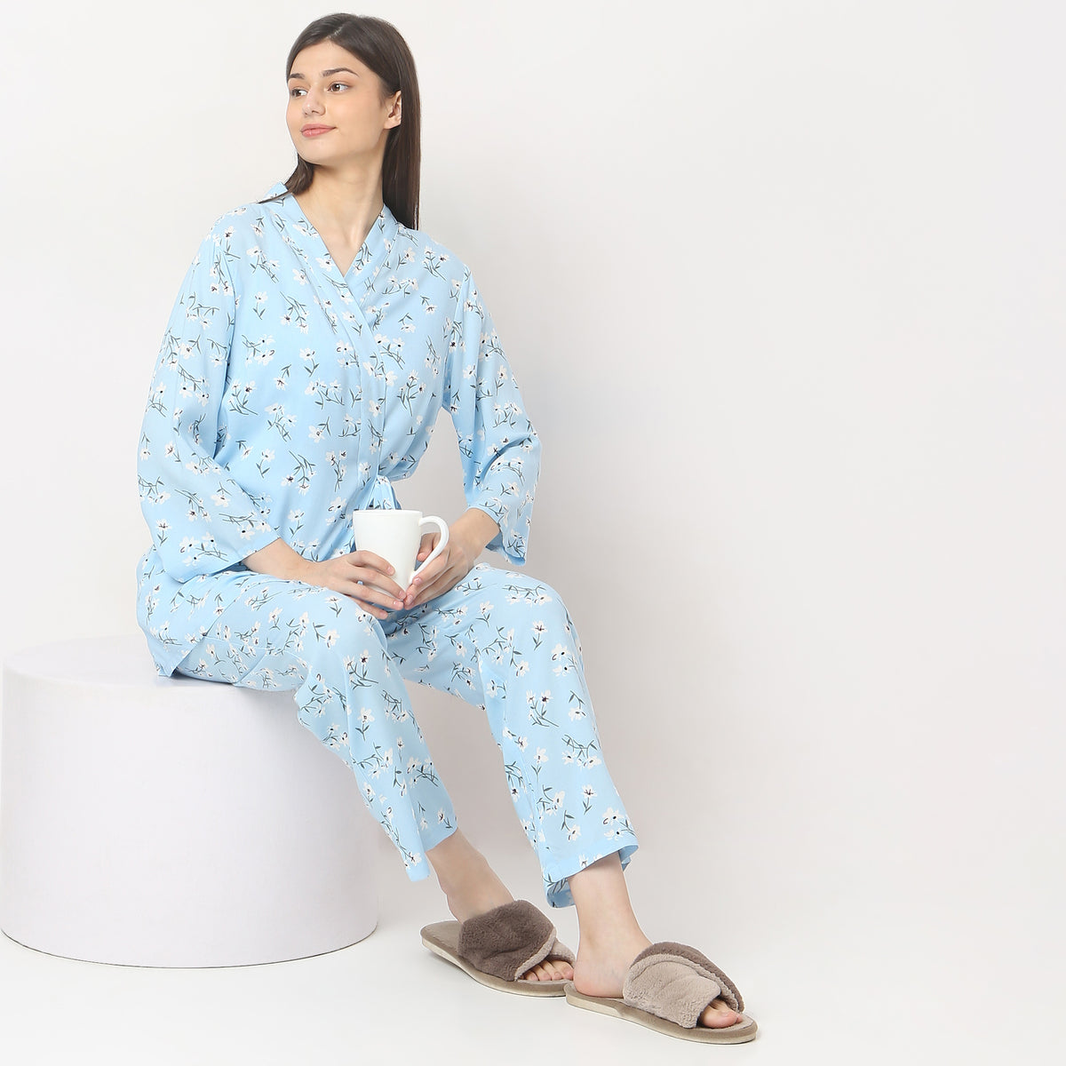 Regular Fit Printed Slip and Pyjama with Shrug Set