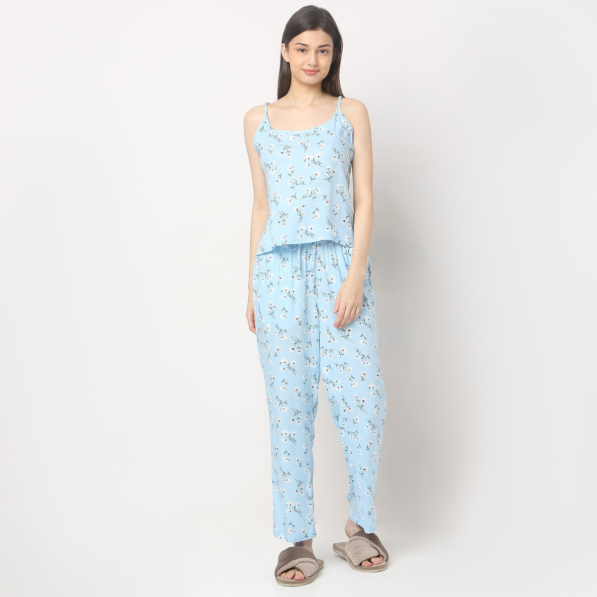 Regular Fit Printed Slip and Pyjama with Shrug Set