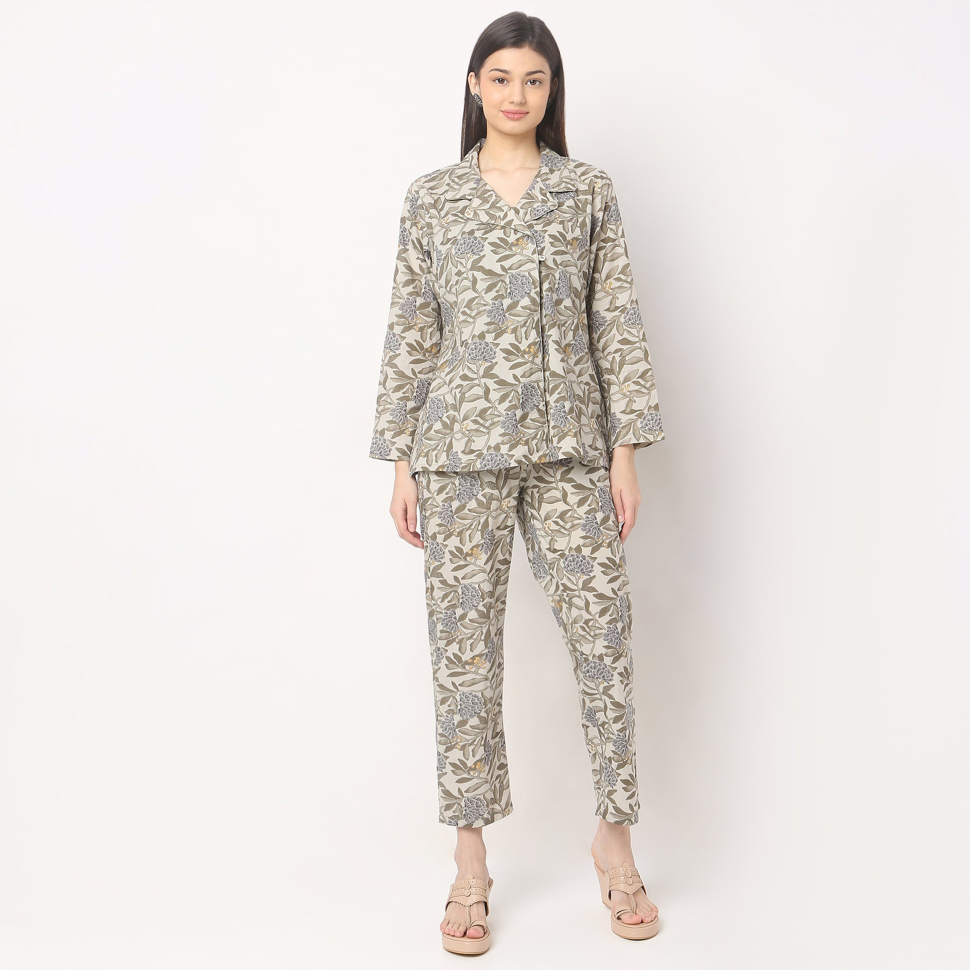 Regular Fit Printed Slip and Pyjama with Shrug Set