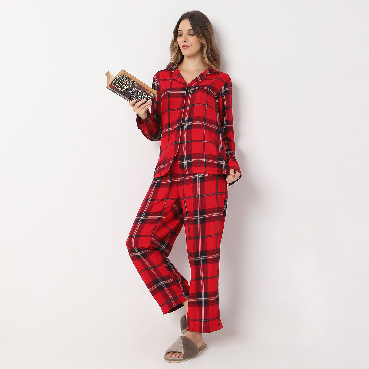 Checkered Full Length Lapel Collar Shirt with Pyjama Set