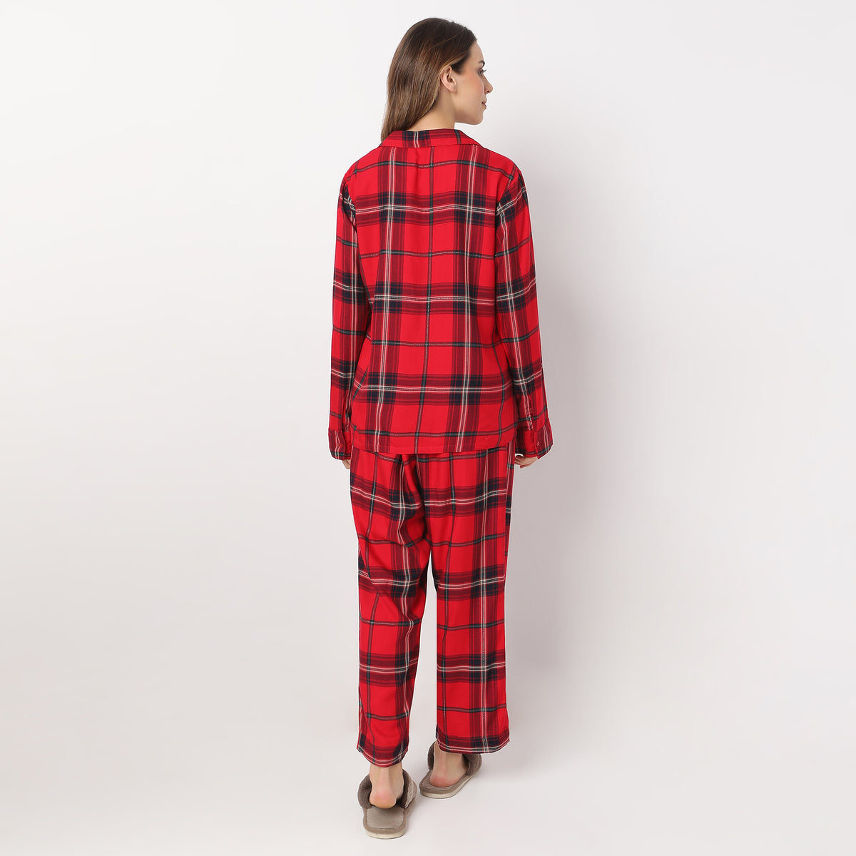 Checkered Full Length Lapel Collar Shirt with Pyjama Set