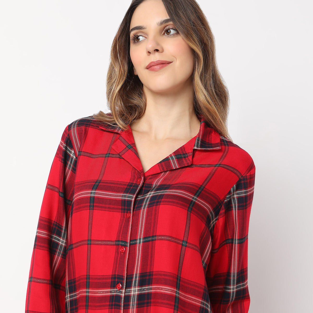 Checkered Full Length Lapel Collar Shirt with Pyjama Set