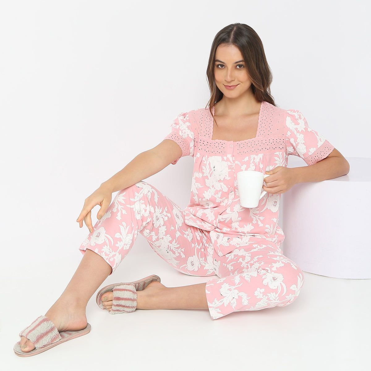 Regular Fit Floral Top with Pyjama Sleepwear Set