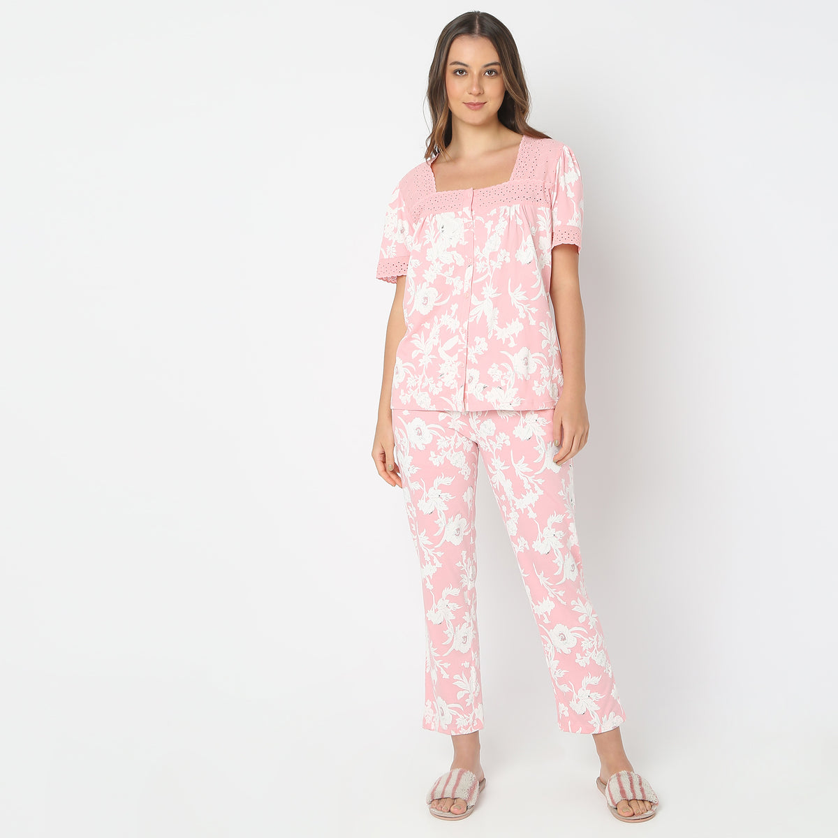 Regular Fit Floral Top with Pyjama Sleepwear Set