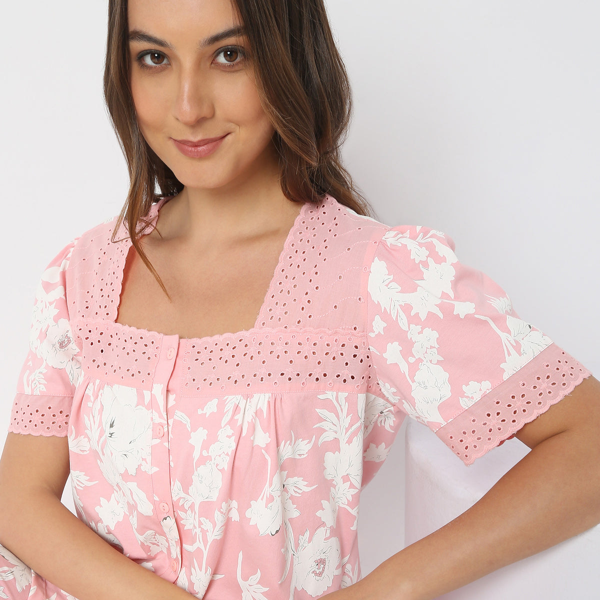 Regular Fit Floral Top with Pyjama Sleepwear Set