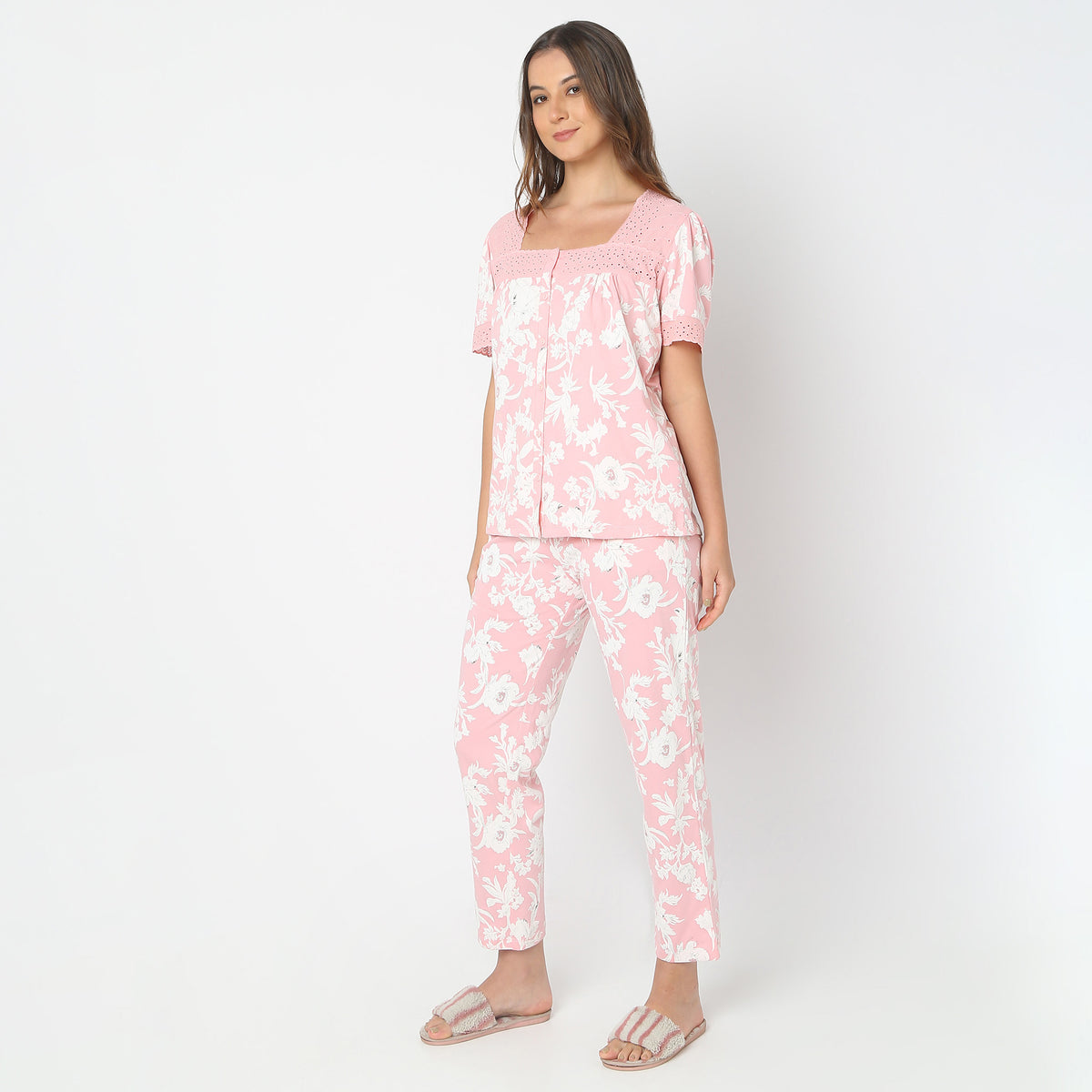 Regular Fit Floral Top with Pyjama Sleepwear Set