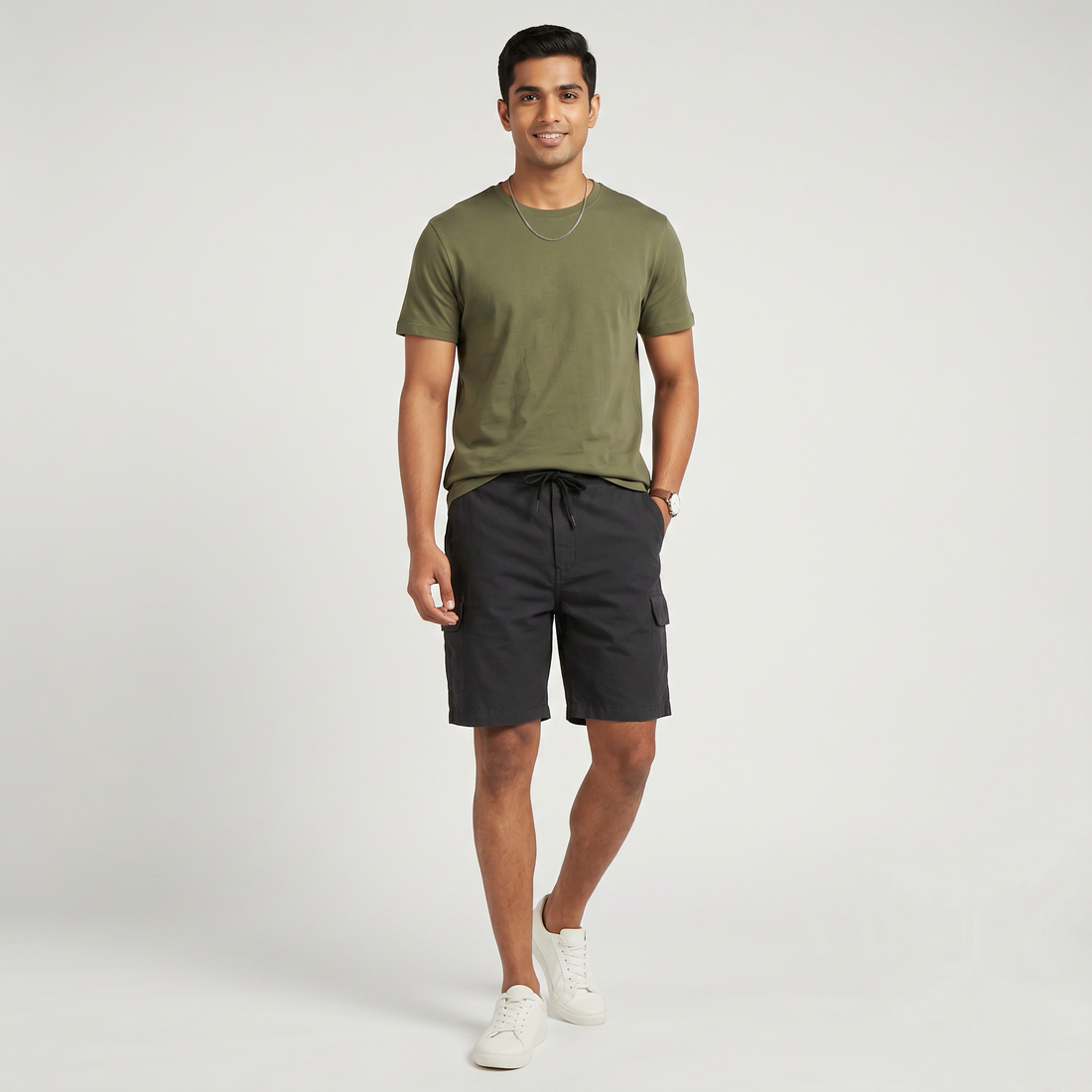 Solid Mid Rise Cargo Shorts
