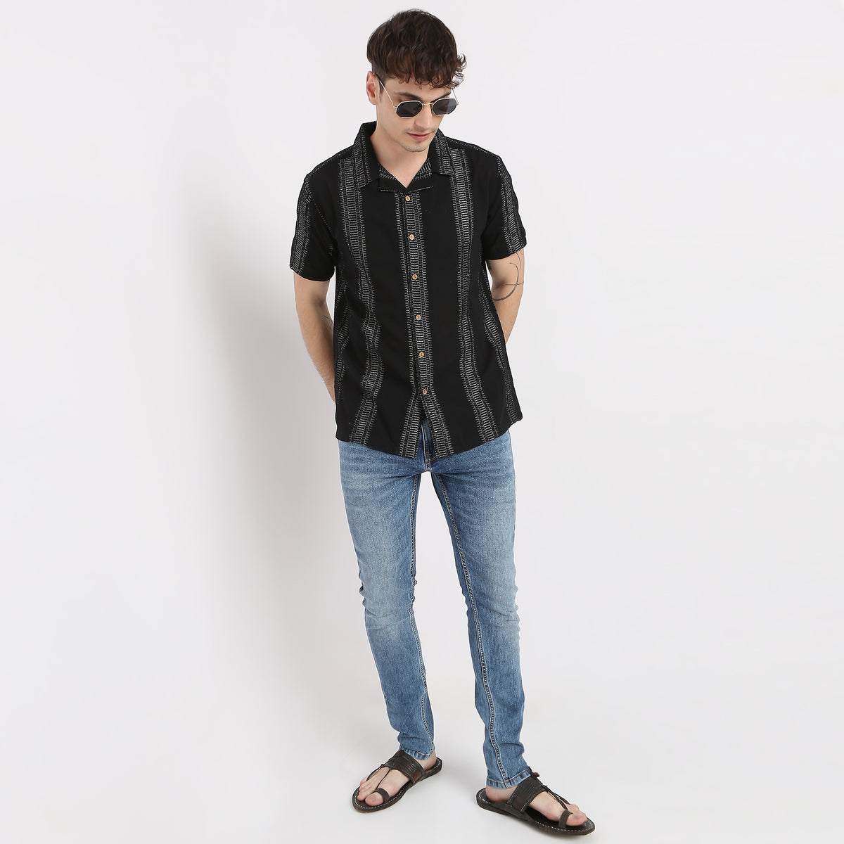 Jacquard Short Length Camp Collar Half Sleeve Shirt