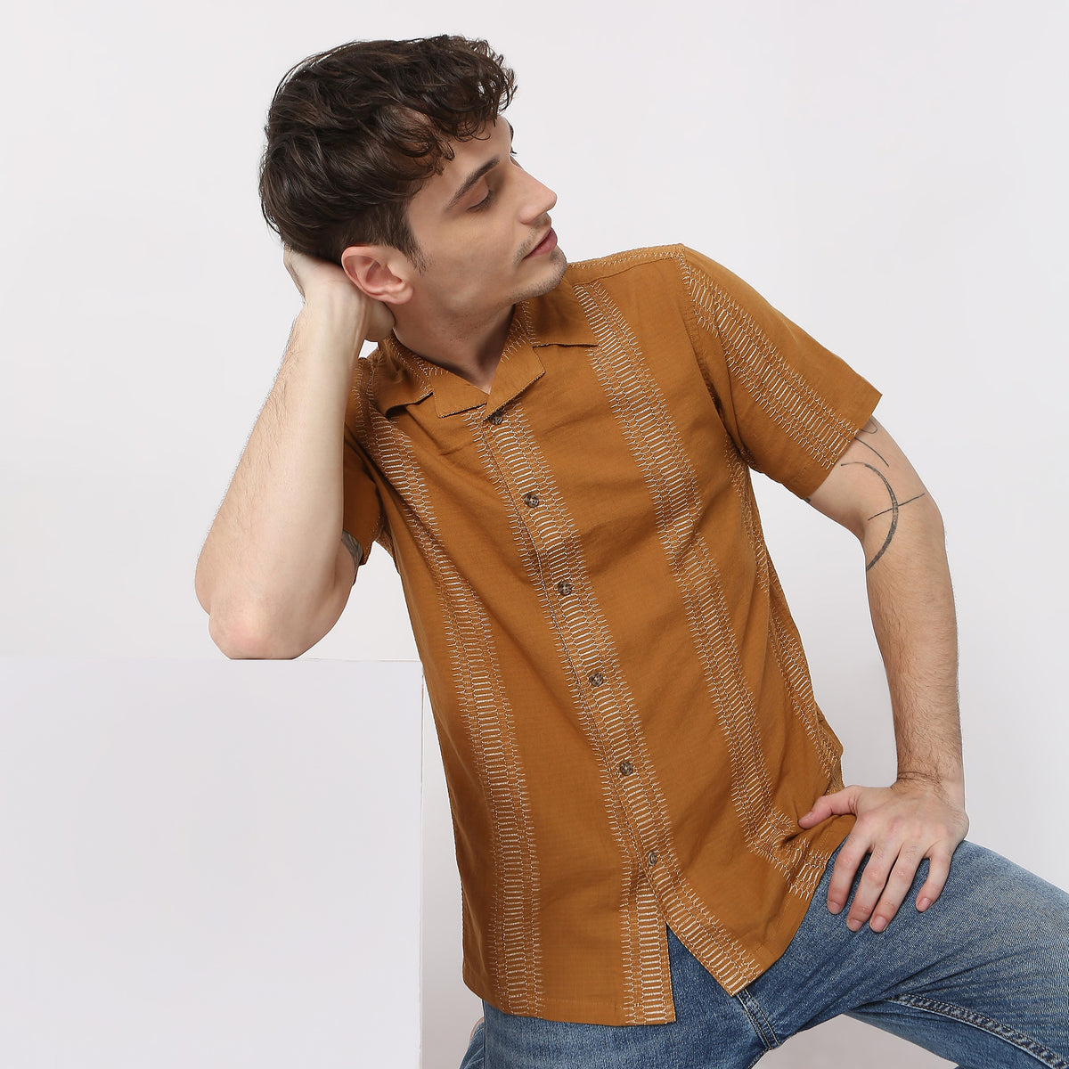 Jacquard Short Length Camp Collar Half Sleeve Shirt