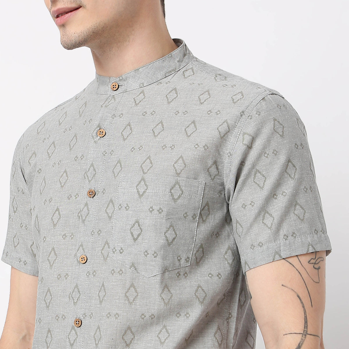 Yard Dyed Printed Mandarin Collar Half Sleeve Shirt