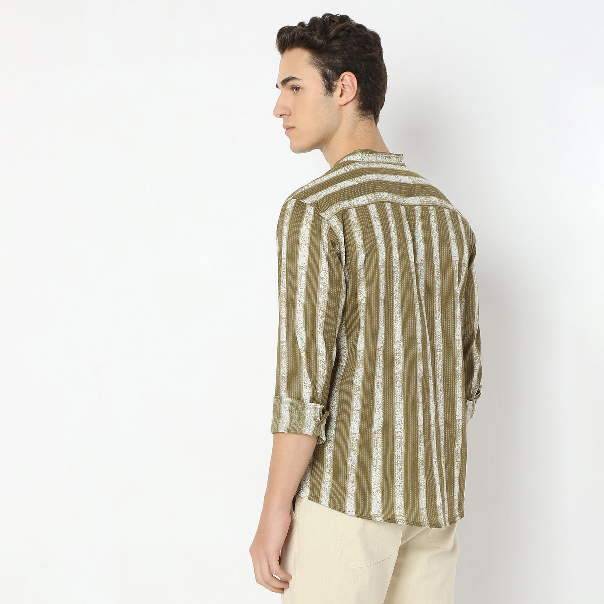 Printed Mandarin Collar Straight Structured Fabric Striped Shirt