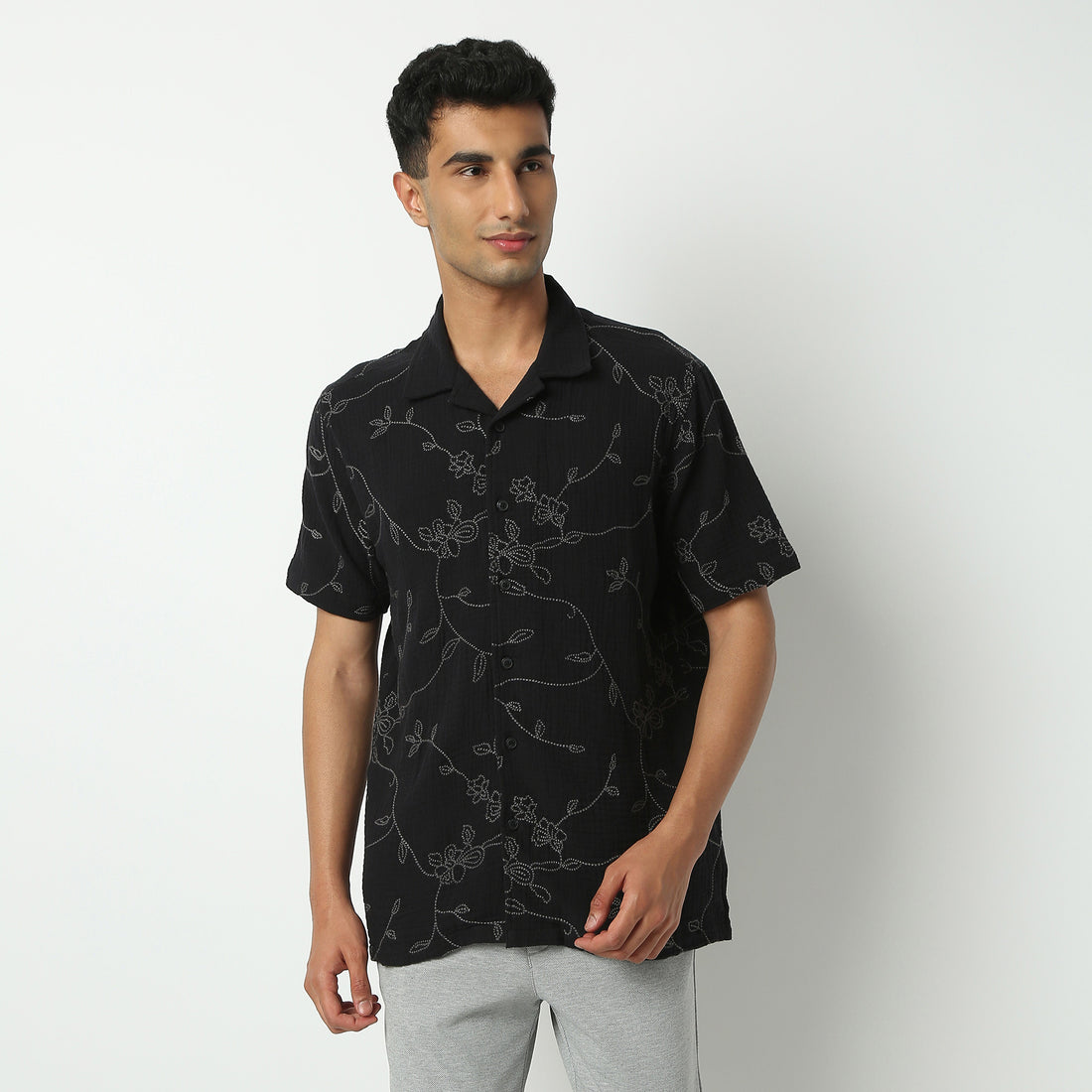 Relaxed Fit Embroidered Camp Collar Shirt