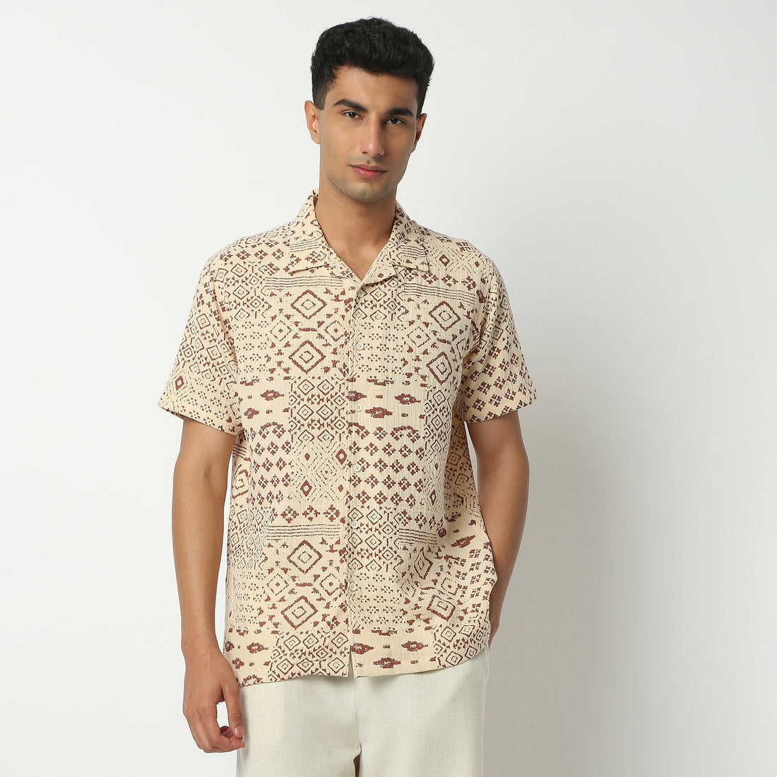Relaxed Fit Printed Camp Collar Shirt
