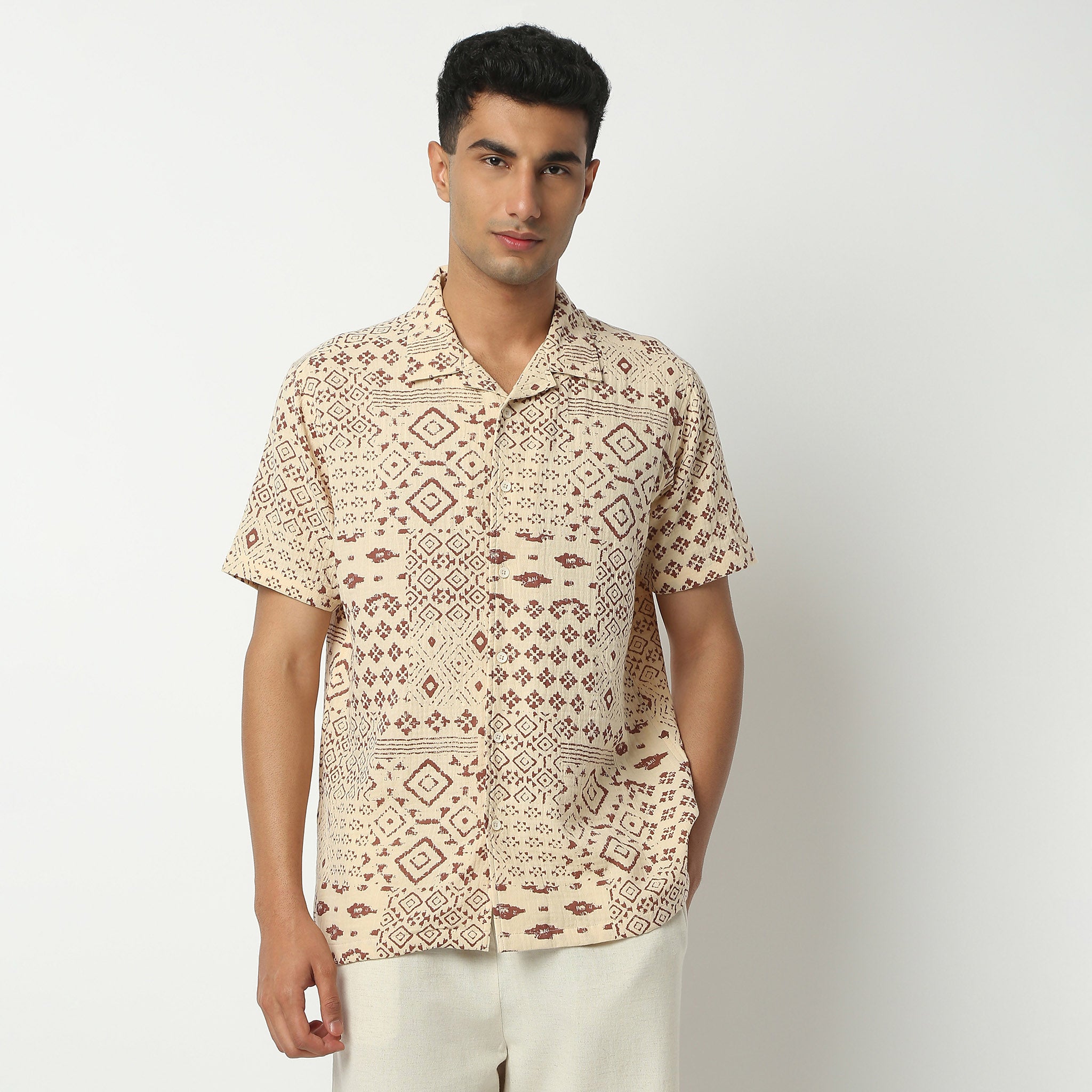 Relaxed Fit Printed Camp Collar Shirt