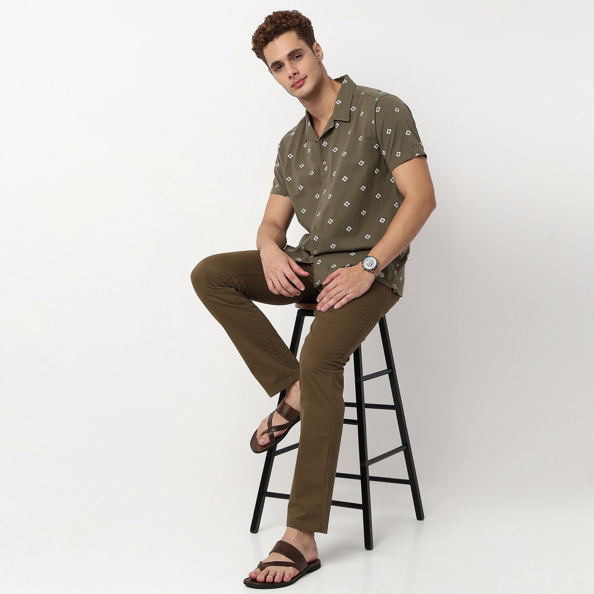 Knitted Camp Collar Cuban Printed Half Sleeve Shirt