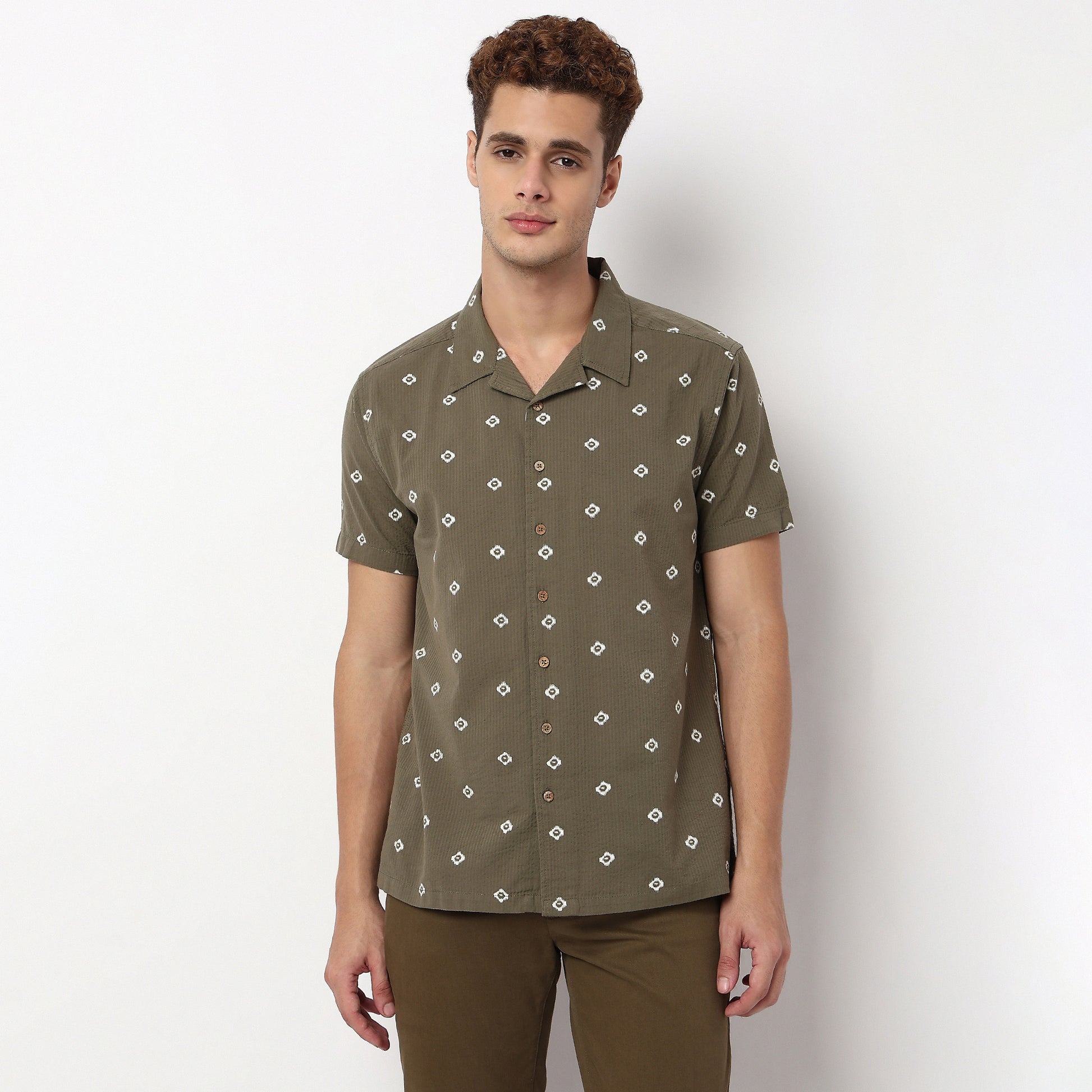 Knitted Camp Collar Cuban Printed Half Sleeve Shirt