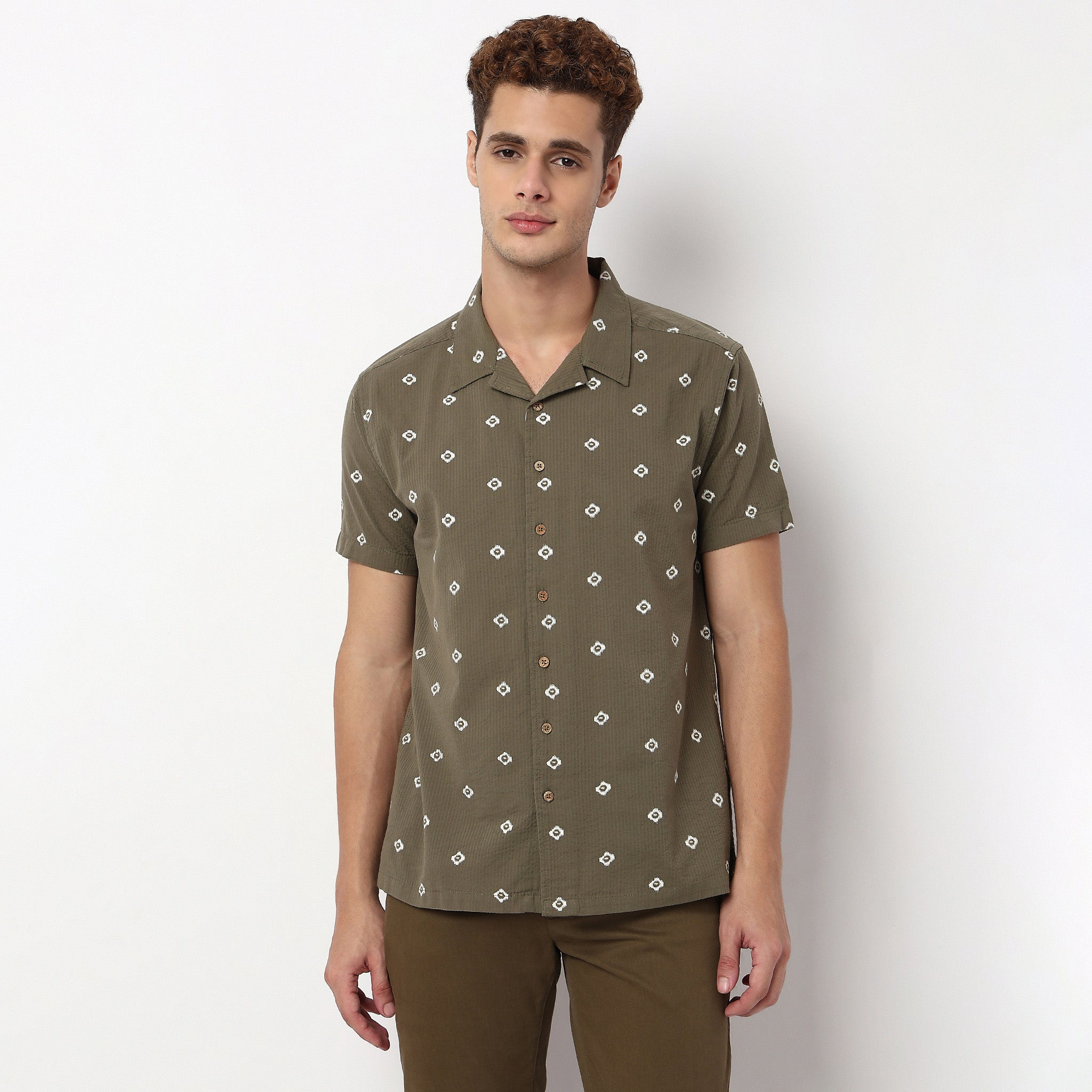 Knitted Camp Collar Cuban Printed Half Sleeve Shirt