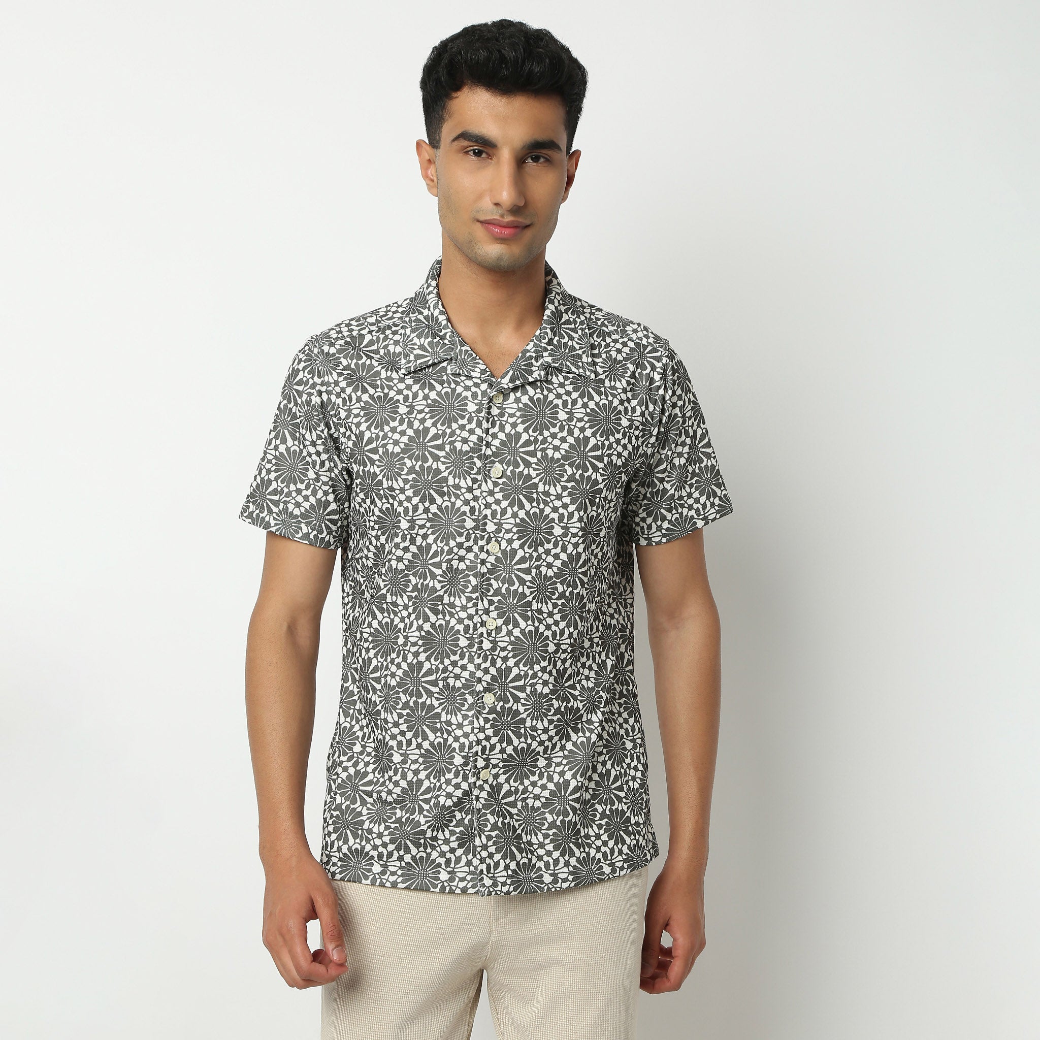 Relaxed Fit Printed Camp Collar Shirt