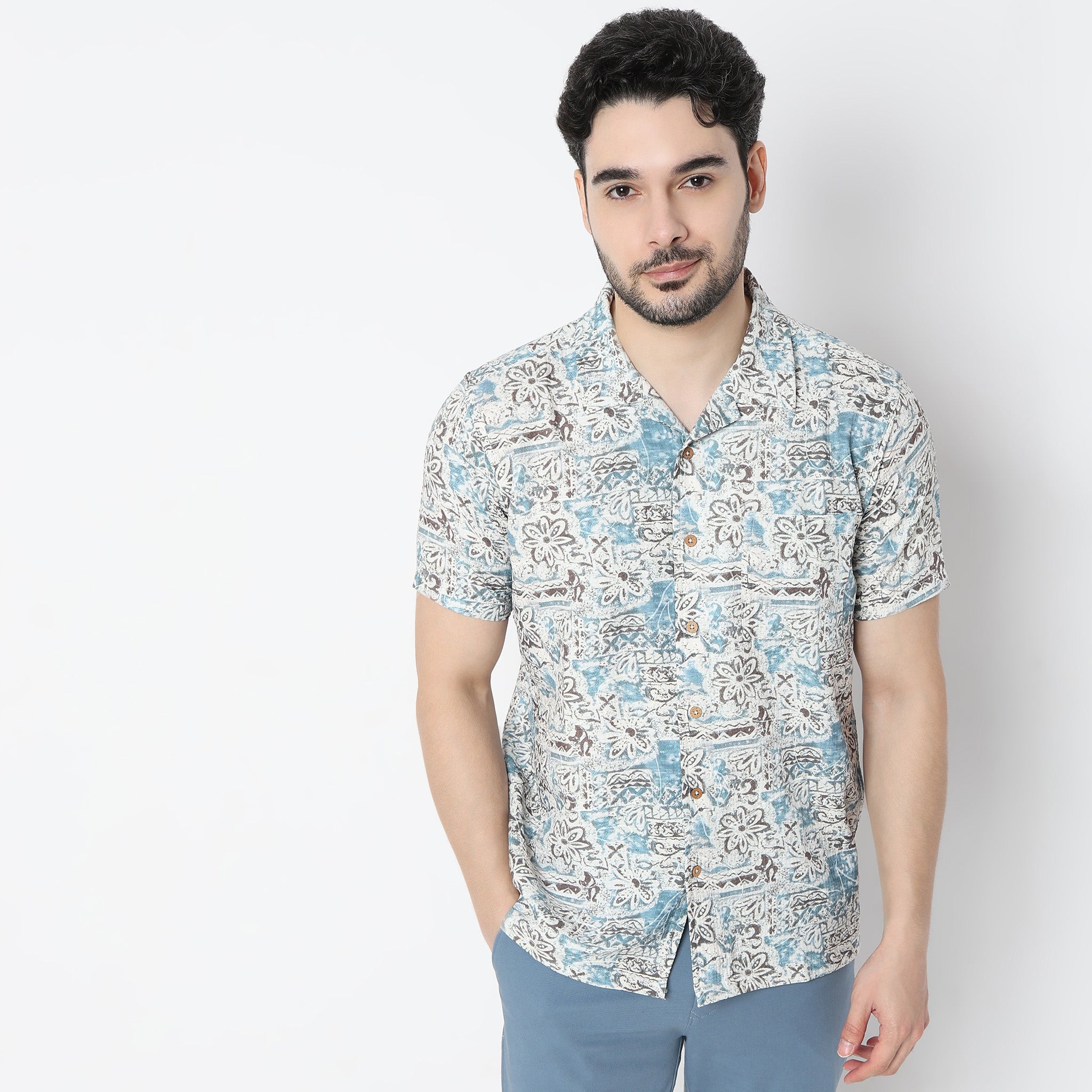 Relaxed Fit Digital Printed Camp Collar Shirt