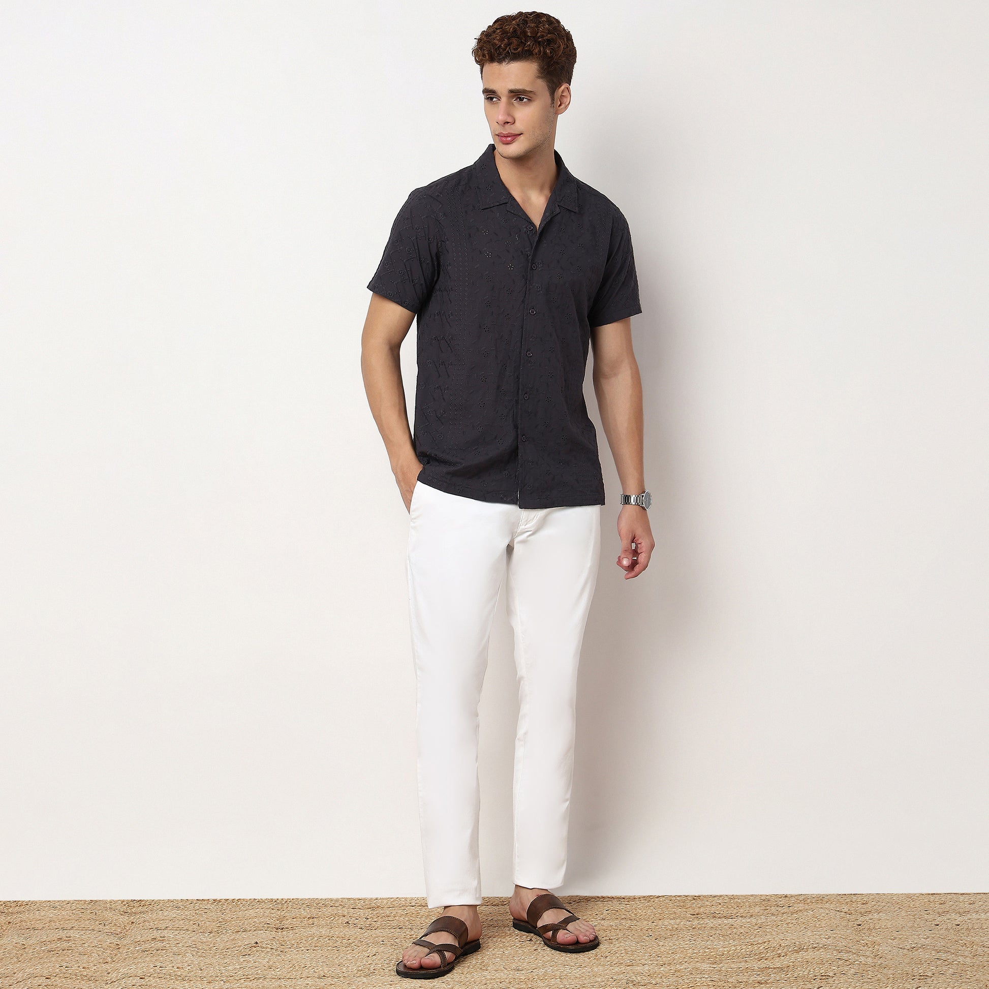 Camp Collar Cuban Schiffli Shirt Half Sleeve Shirt