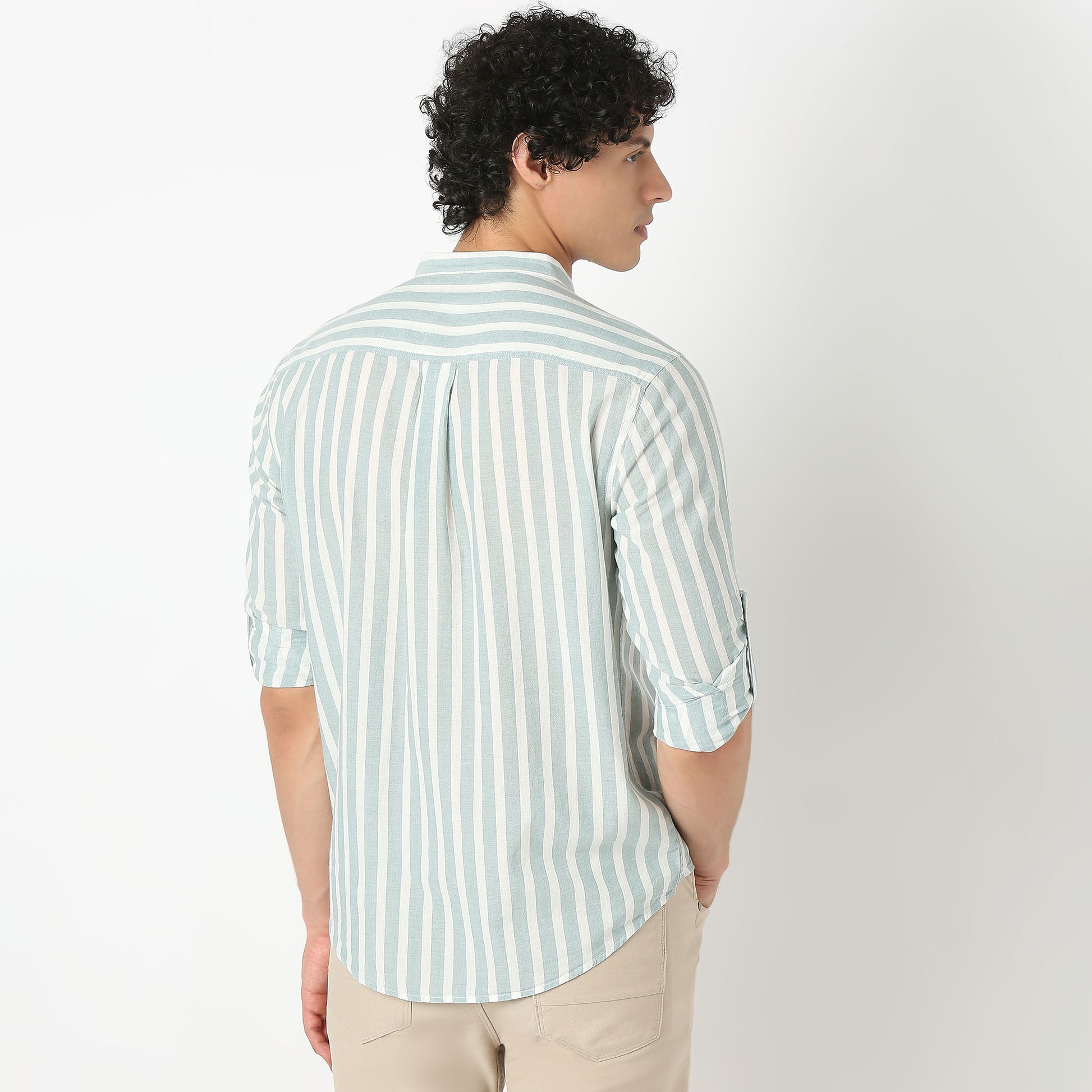 Striped Mandarin Collar Short Length Shirt