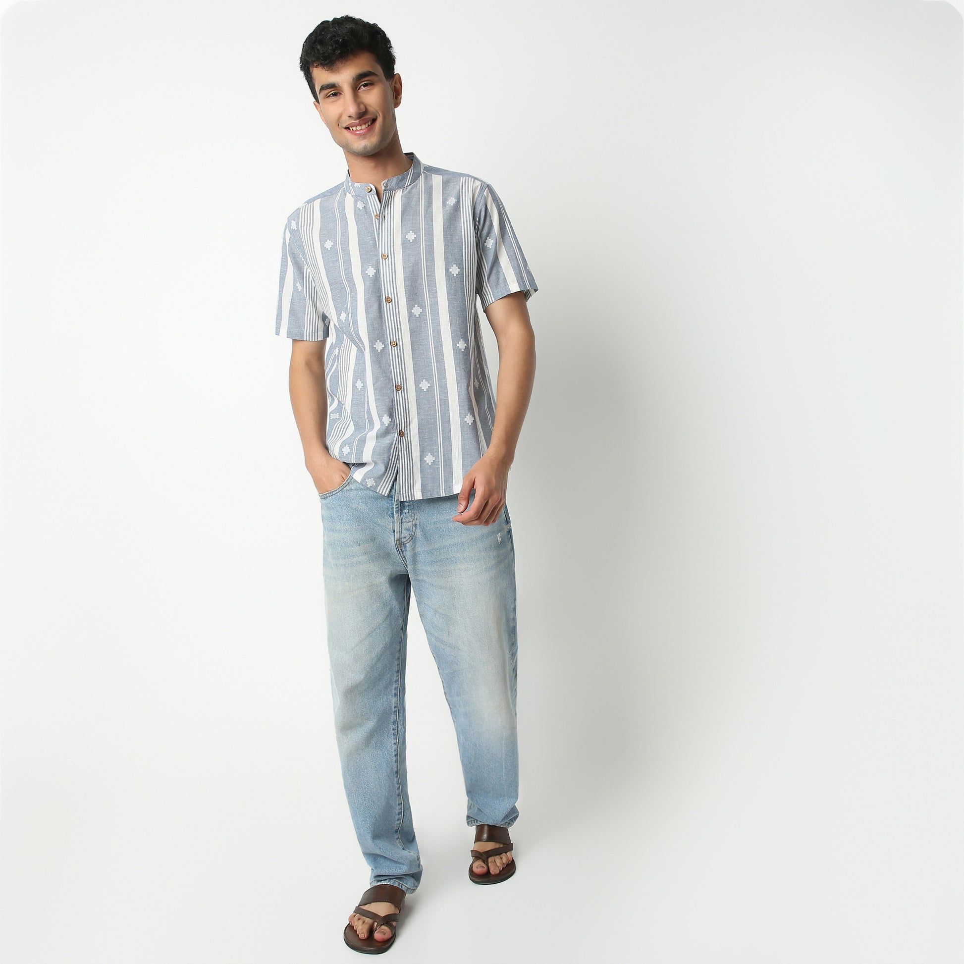 Regular Fit Jacquard Mandarin Collar Short Length Shirt