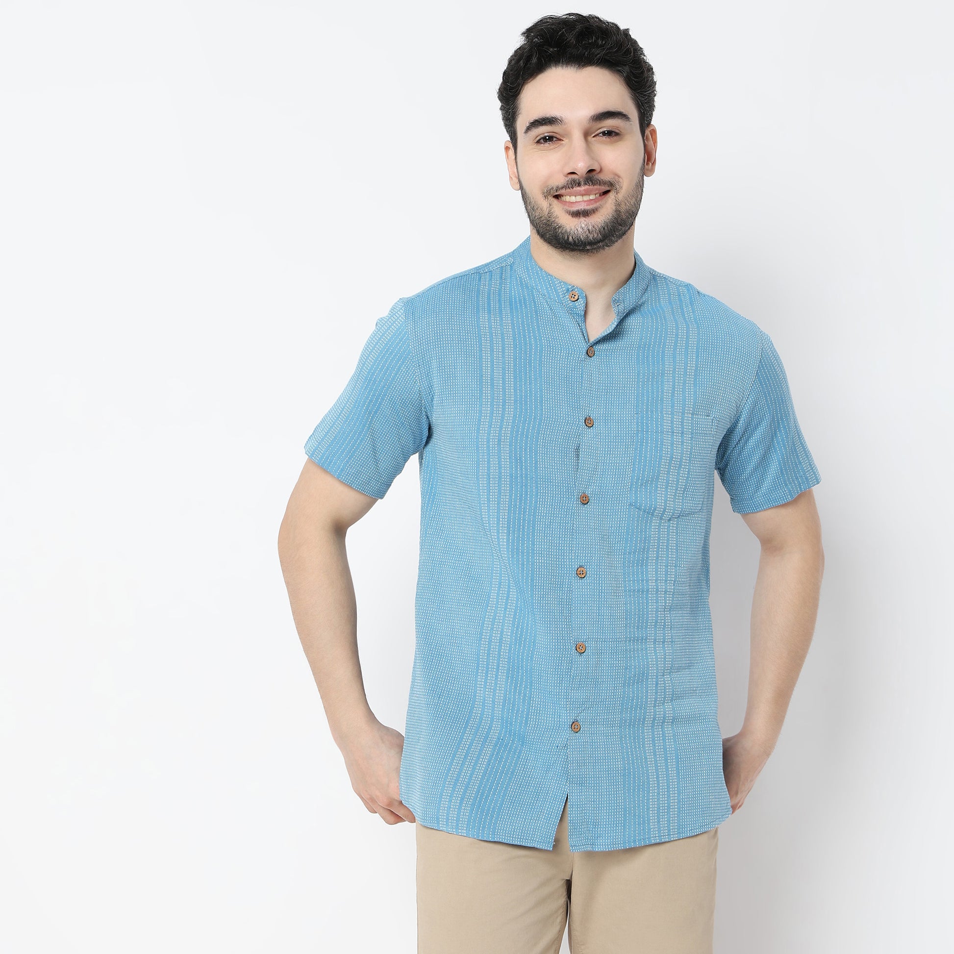 Regular Fit Striped Mandarin Collar Shirt