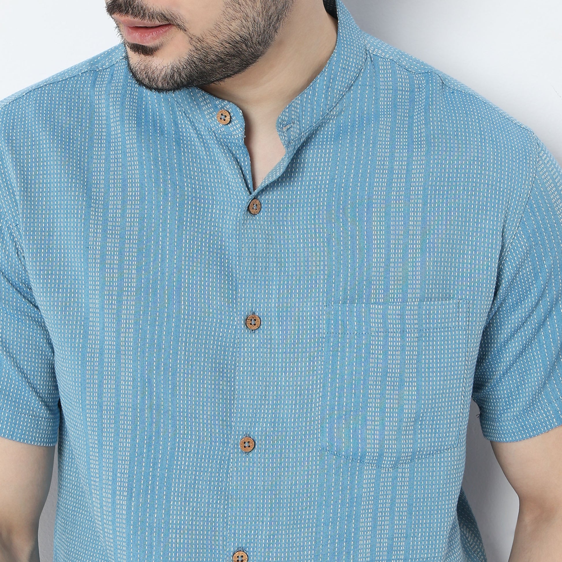 Regular Fit Striped Mandarin Collar Shirt