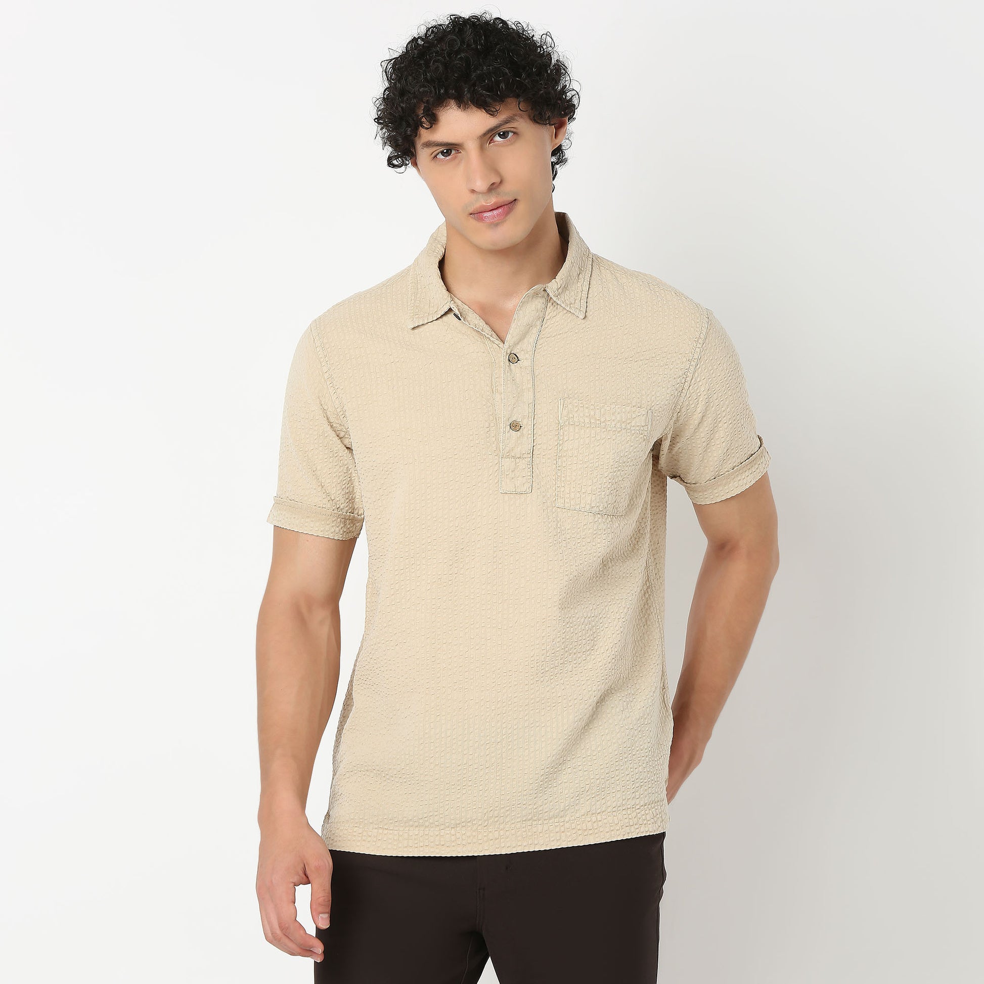 Polo Neck Short Length Jacquard Shirt